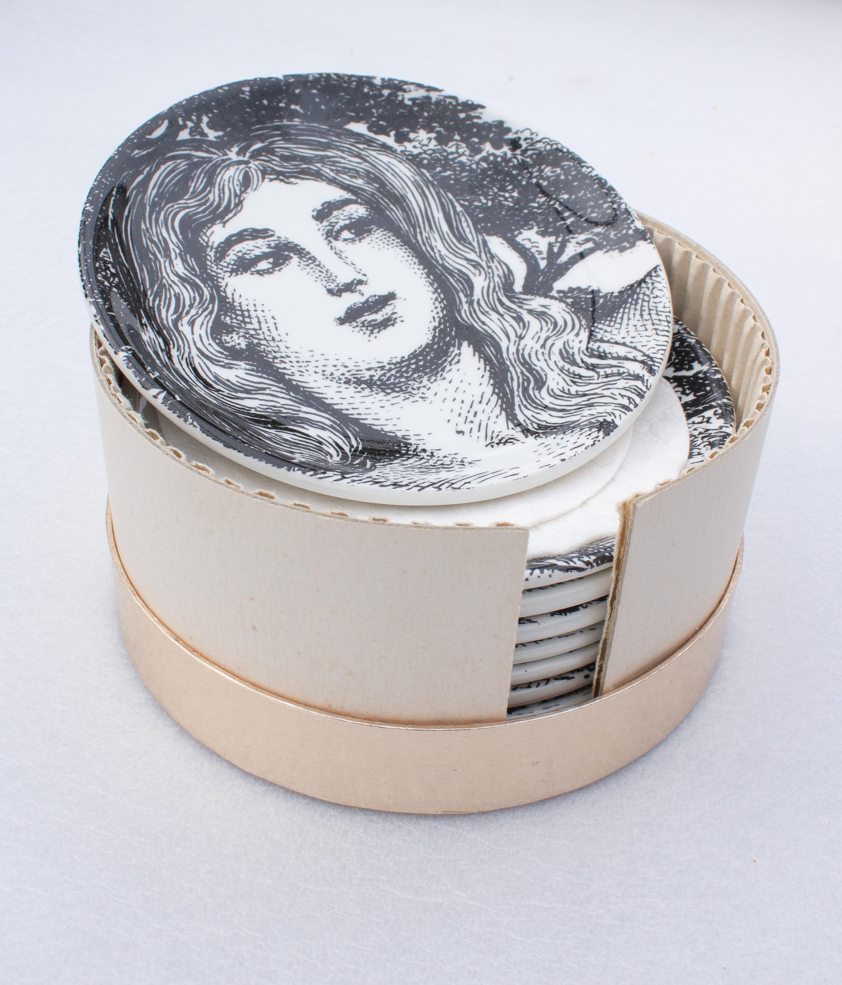 Fornasetti ceramic bar box withe eight coasters picturing 