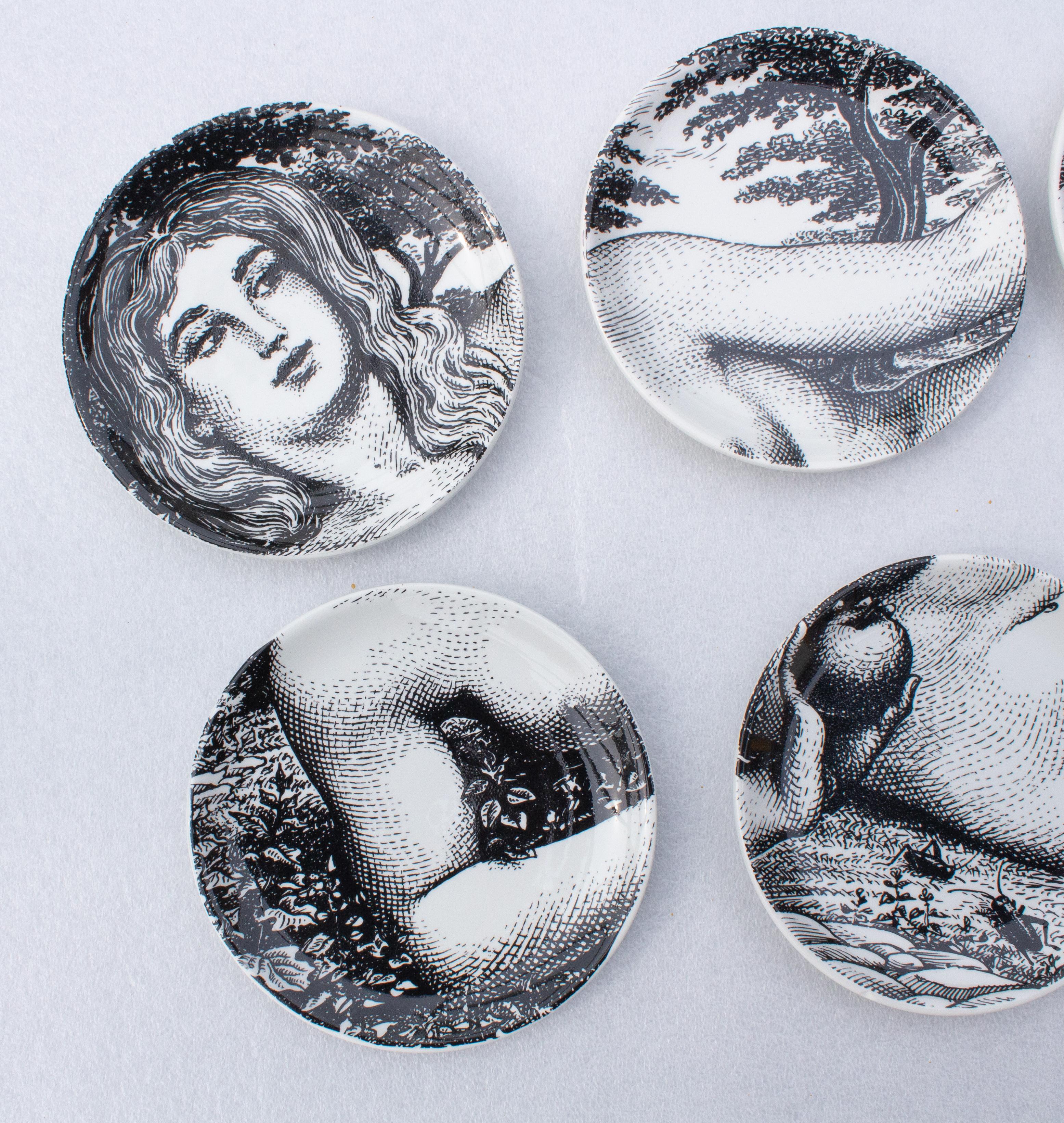 Porcelain Fornasetti Ceramic Bar Box Set of Eight Coasters Picturing 