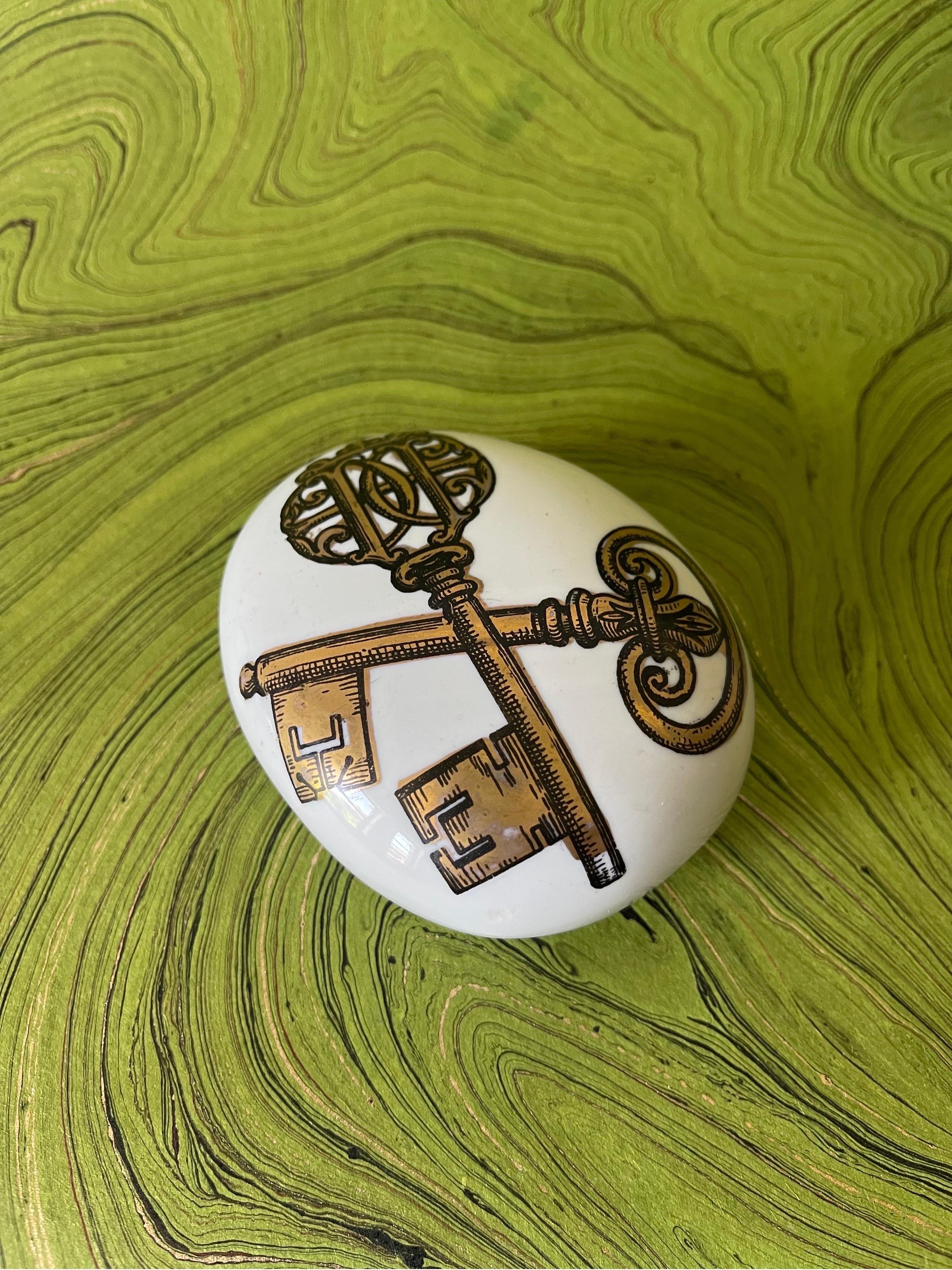 Mid-Century Modern Fornasetti Ceramic Hand-painted Paperweight Stone of Crossed Keys