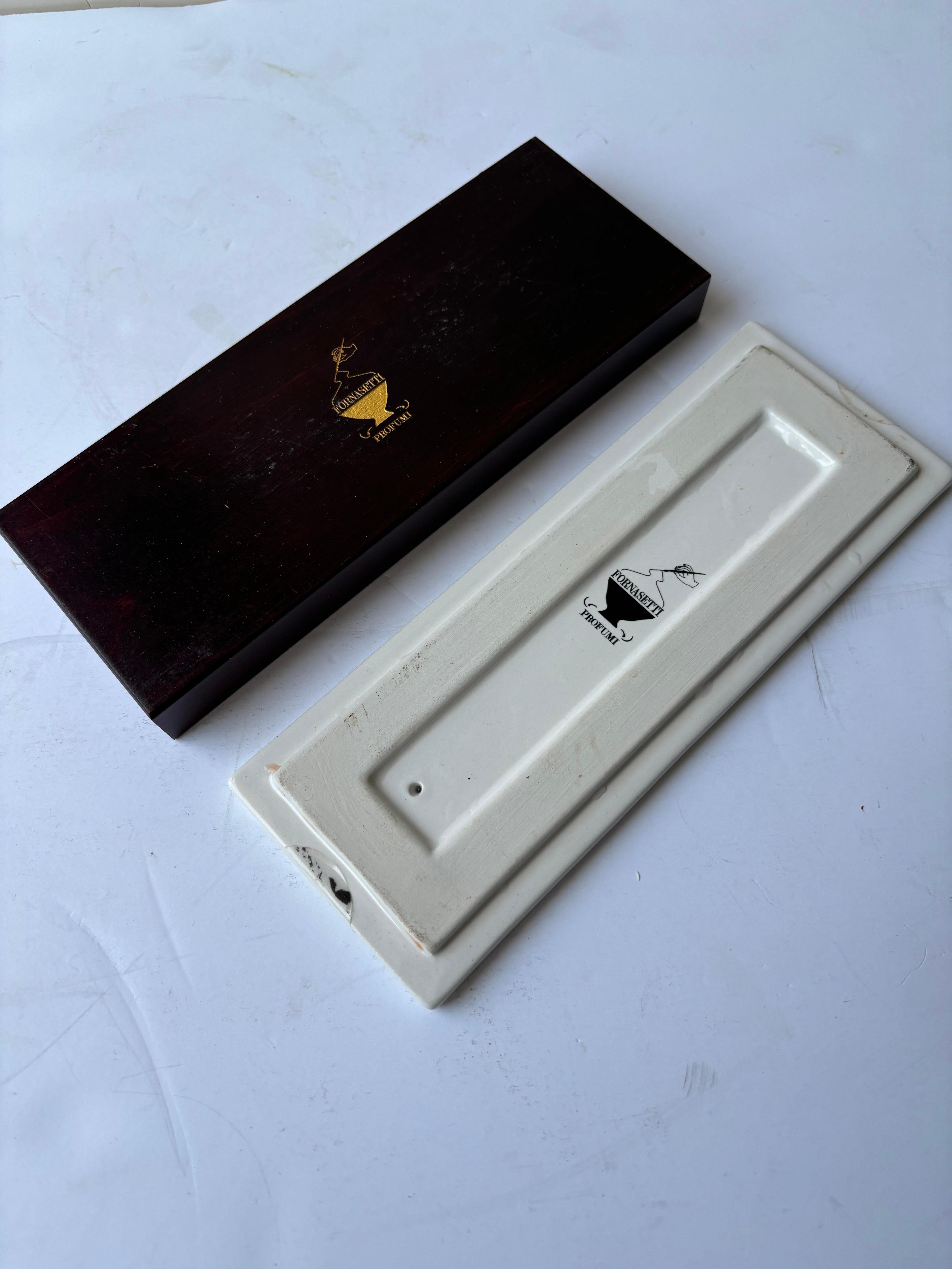 Post-Modern Fornasetti ceramic / wood box plus incense hole in lid. Profumi . For Sale