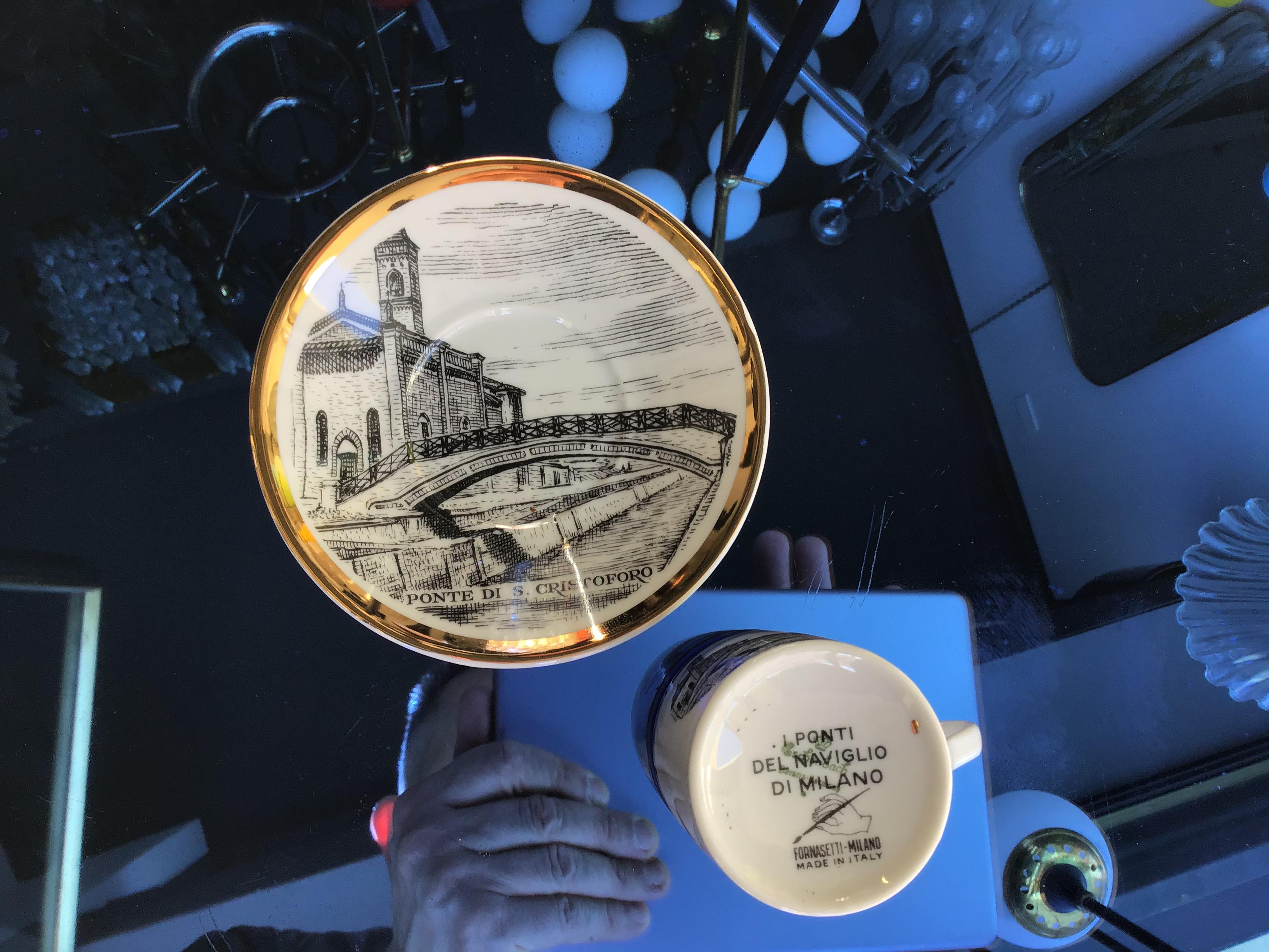 Other Fornasetti Coffee Cup Porcelain Gold “I Ponti Di Milano “Ponte San Cristoforo” For Sale