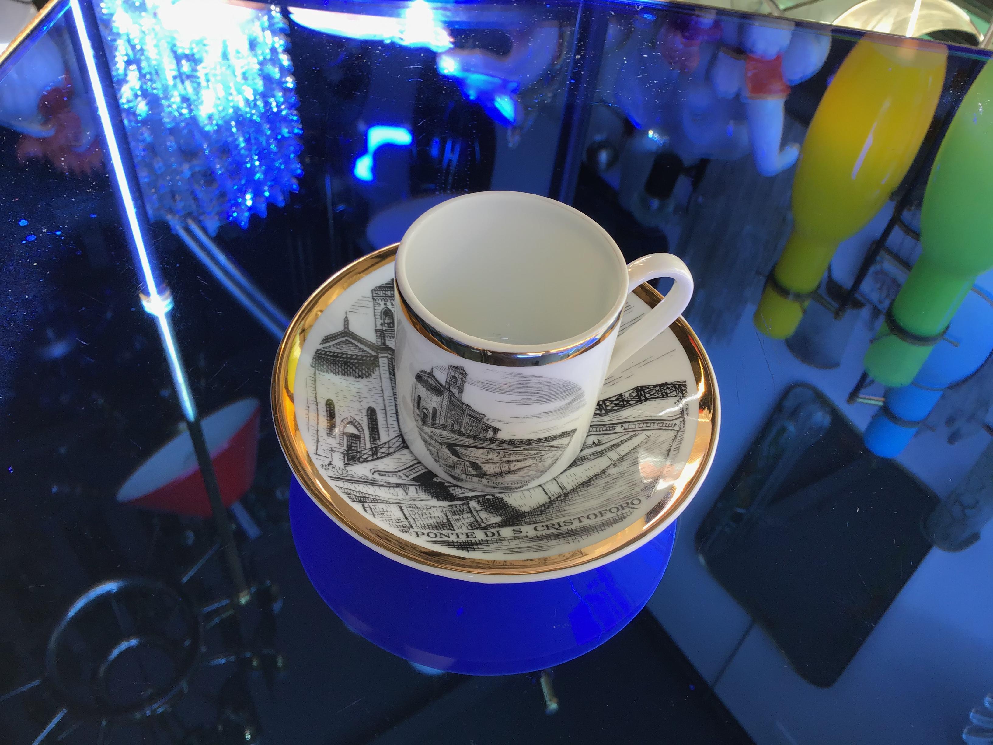Mid-20th Century Fornasetti Coffee Cup Porcelain Gold “I Ponti Di Milano “Ponte San Cristoforo” For Sale