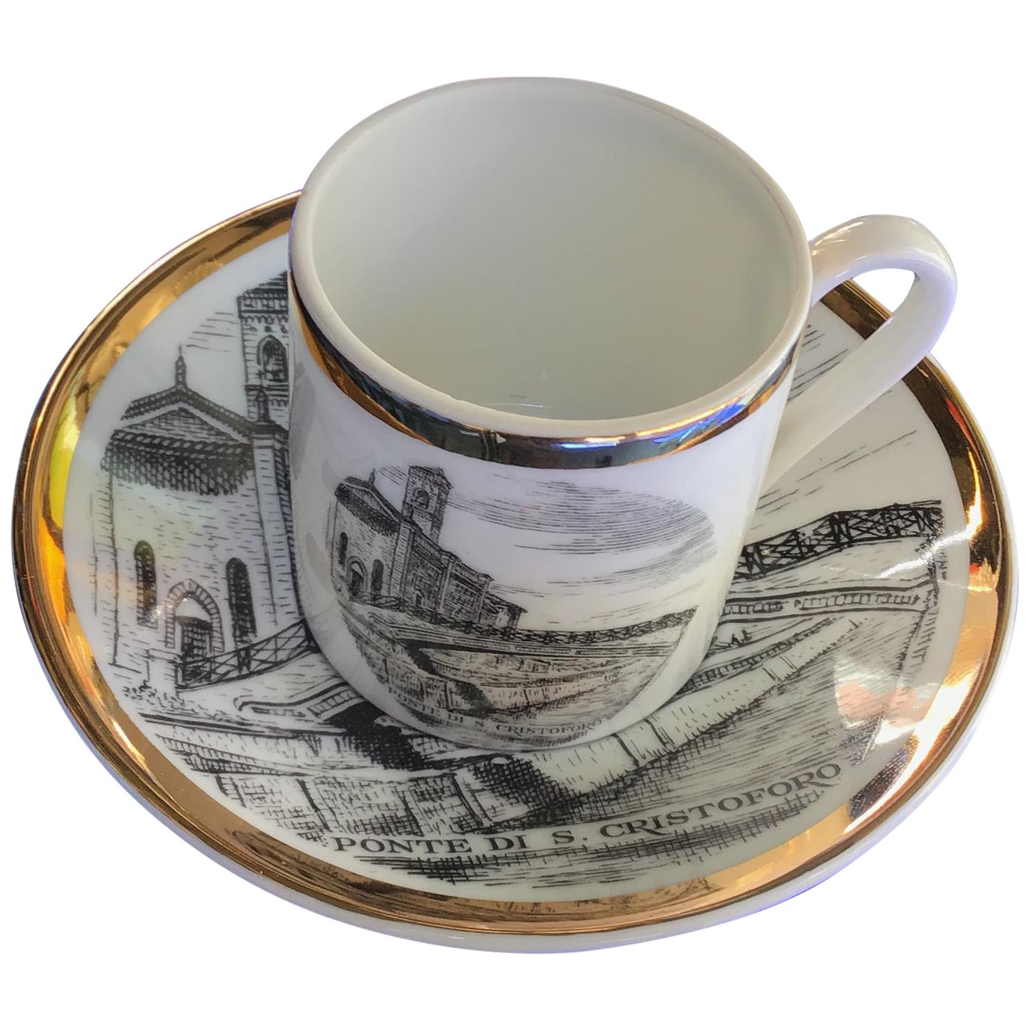 Fornasetti Coffee Cup Porcelain Gold “I Ponti Di Milano “Ponte San Cristoforo” For Sale