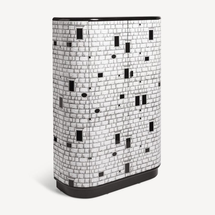 Italian Fornasetti Curved Cabinet Architettura Black and White Wood For Sale