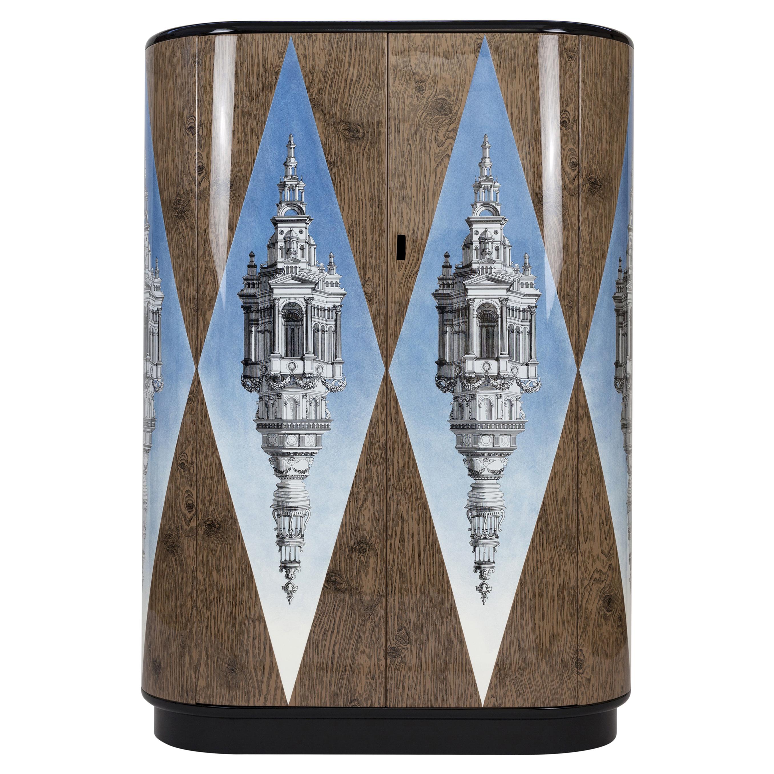 Fornasetti Curved Cabinet Cuspide Celeste Architectural Motif Wood