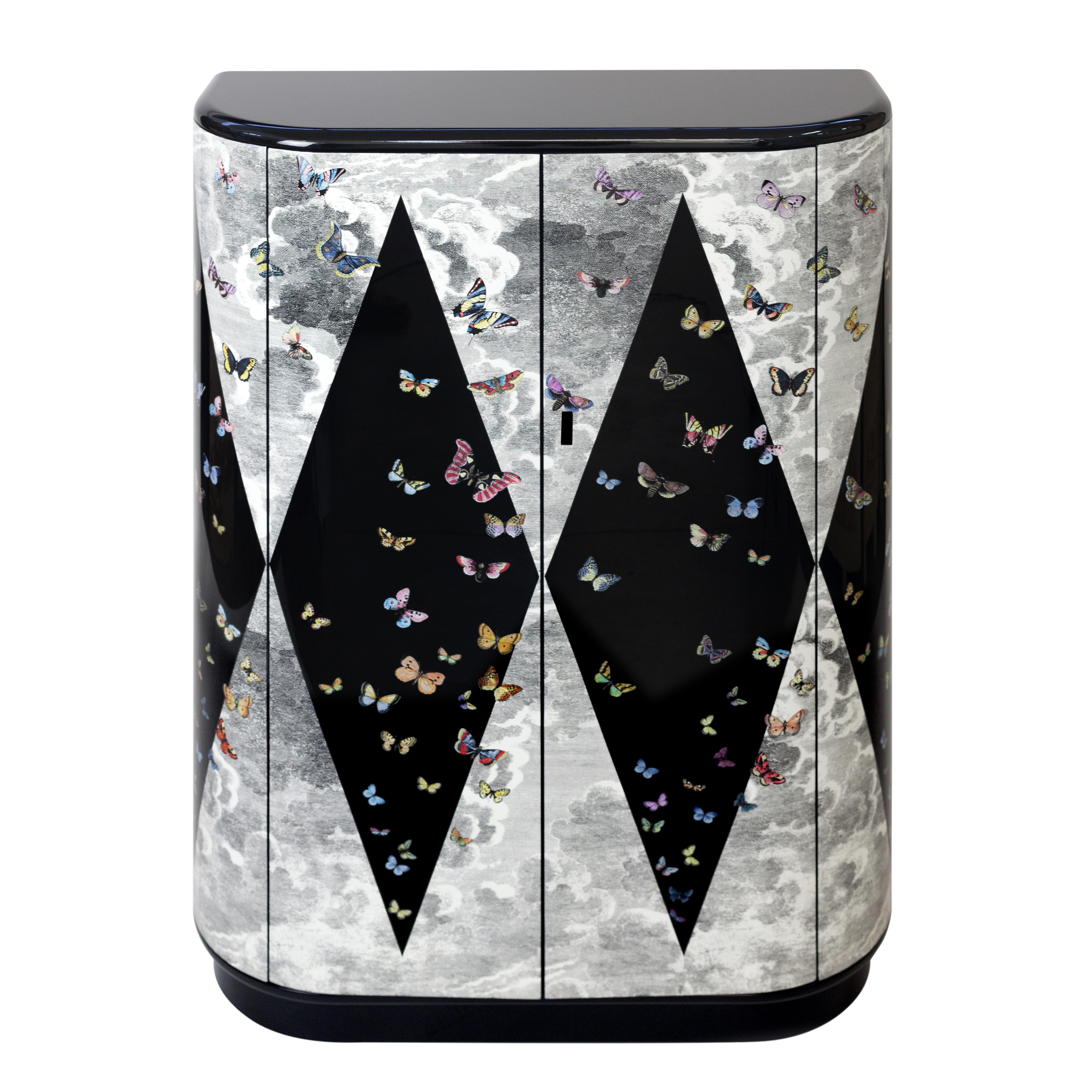 Modern Fornasetti Curved Cabinet Volo Magico Butterflies Hand Colored Wood