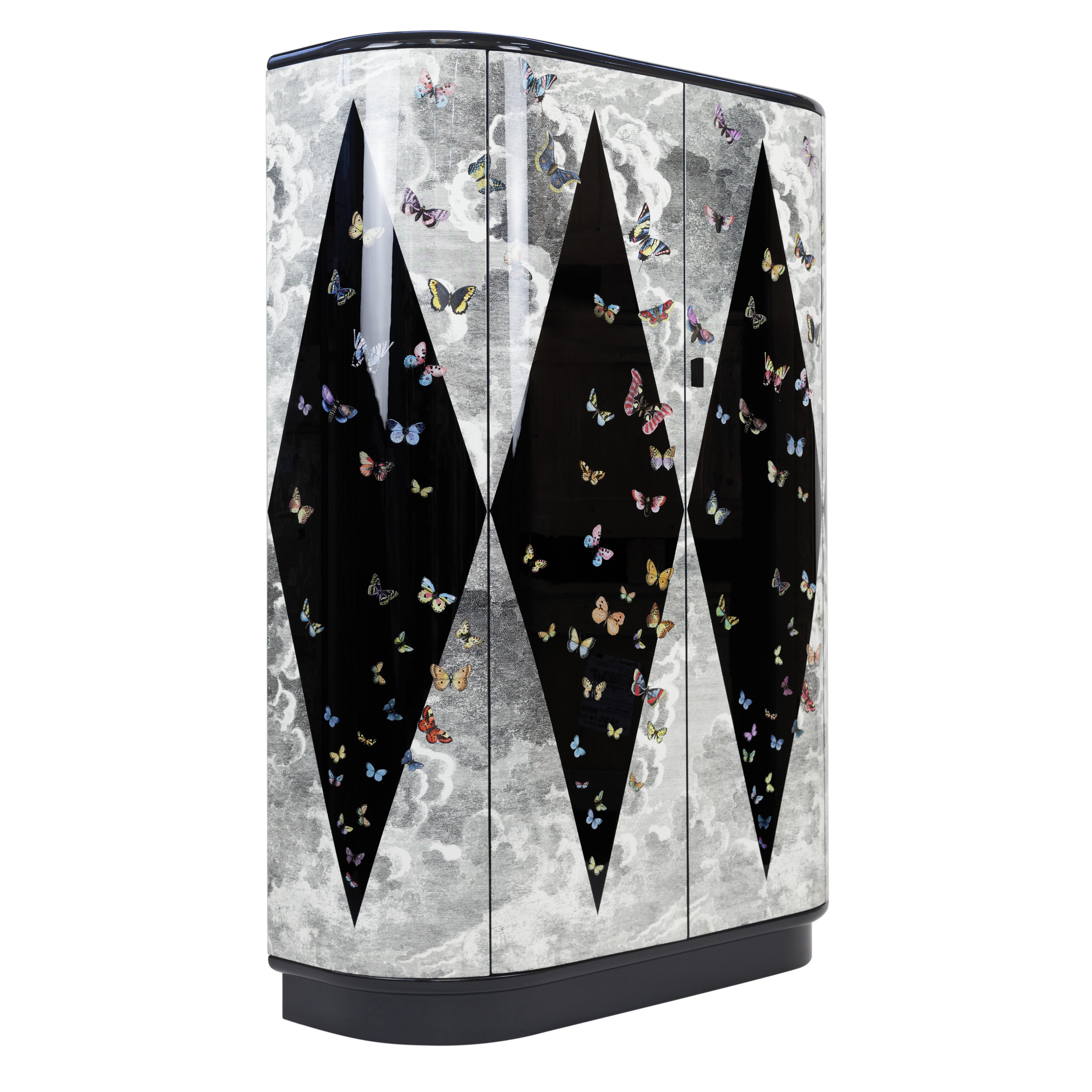 Italian Fornasetti Curved Cabinet Volo Magico Butterflies Hand Colored Wood