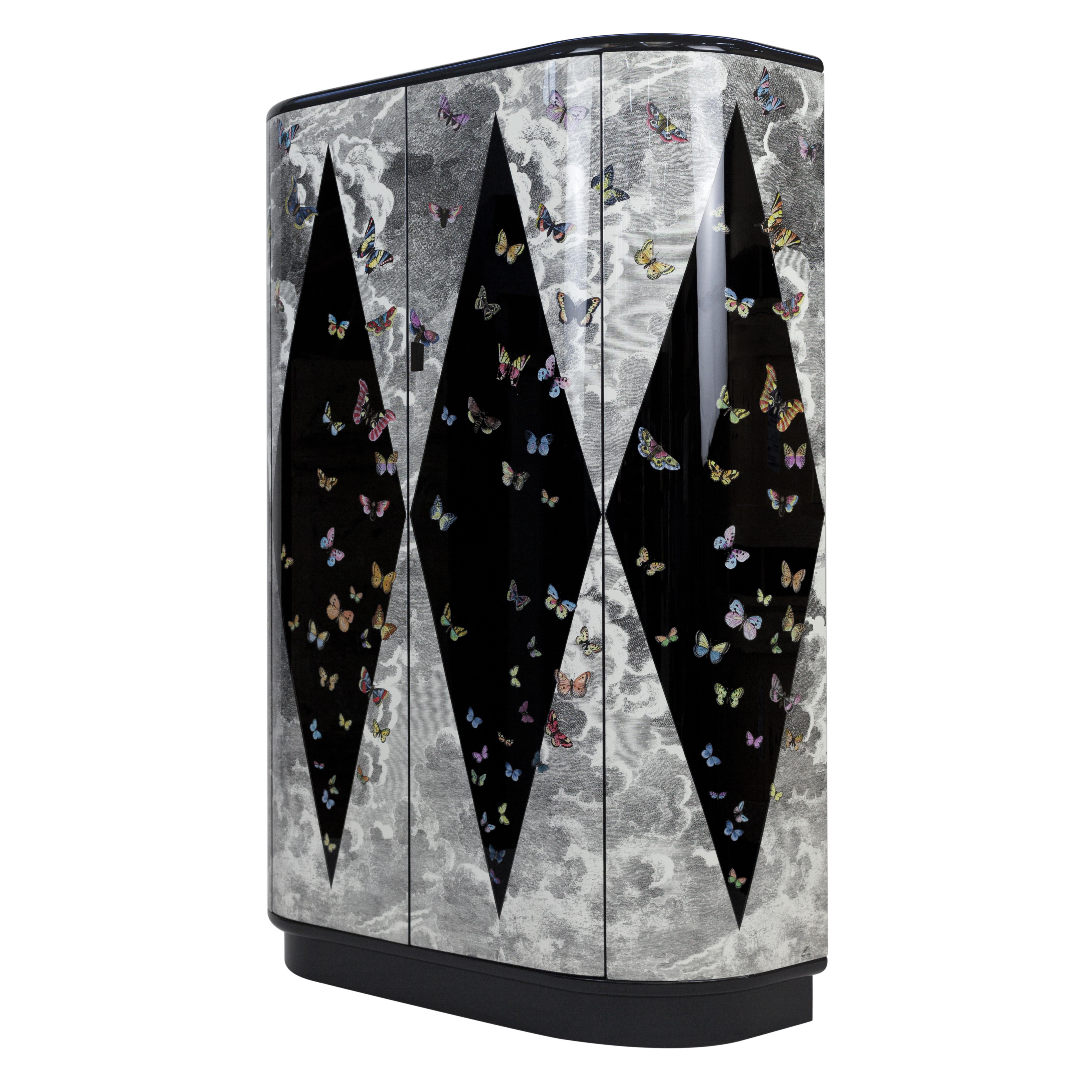 Hand-Crafted Fornasetti Curved Cabinet Volo Magico Butterflies Hand Colored Wood
