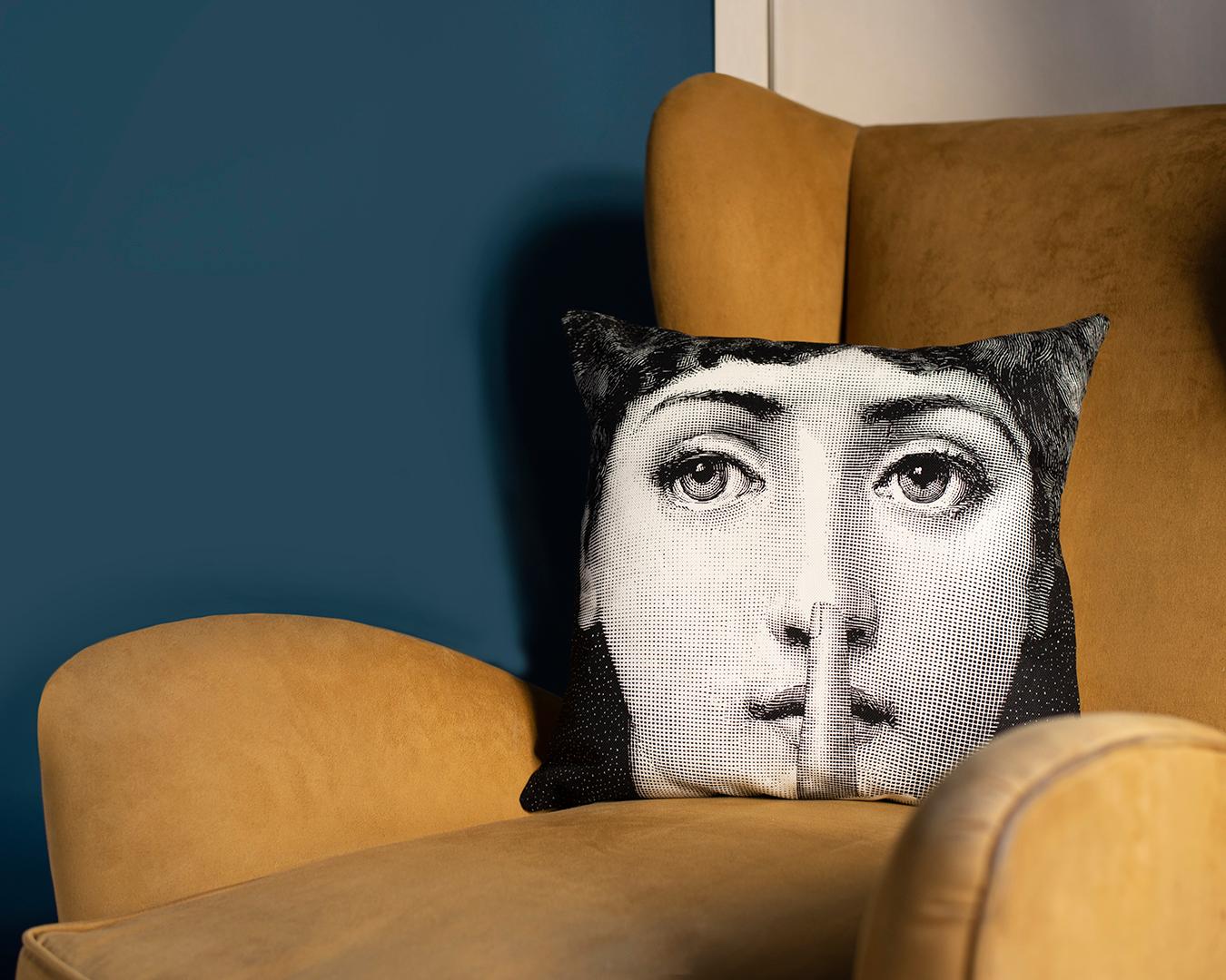 Modern Fornasetti Cushion Silenzio from the Series Tema e Variazioni Cotton For Sale