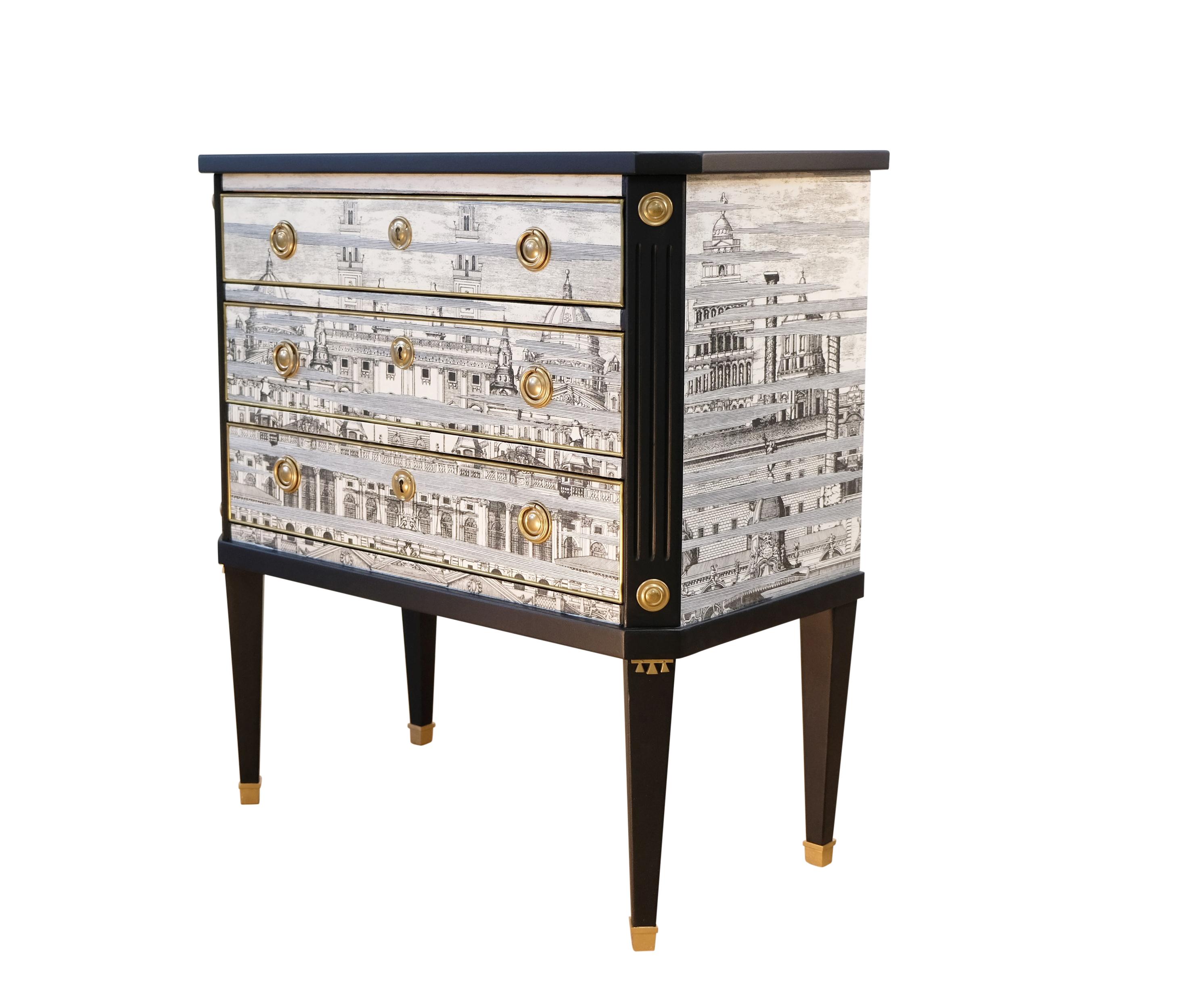 European Fornasetti Design Three Drawer Chest with Marble Top For Sale