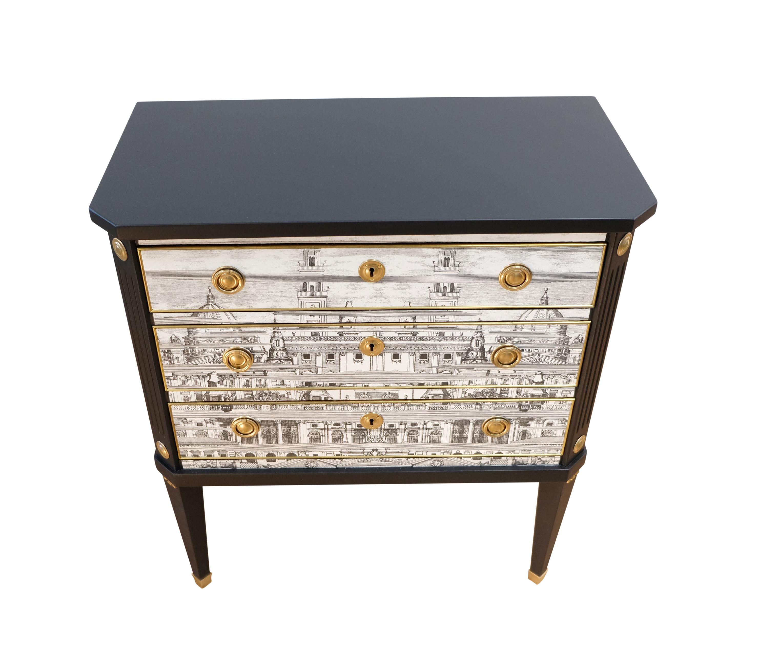 Mid-20th Century Fornasetti Design Three Drawer Chest with Marble Top For Sale