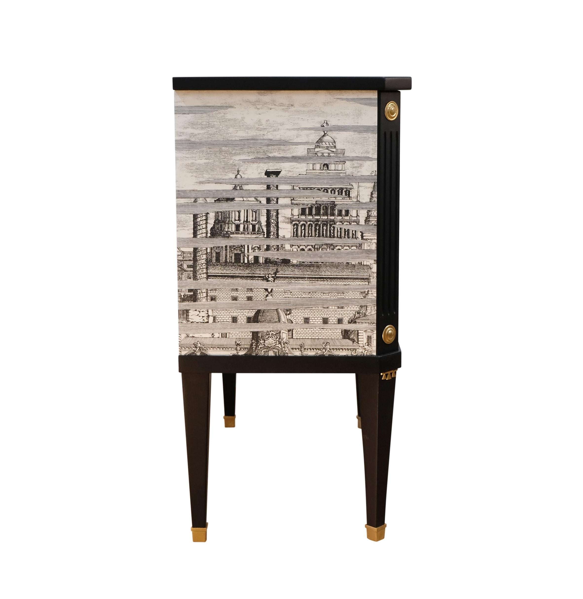 Wood Fornasetti Design Three Drawer Chest with Marble Top For Sale