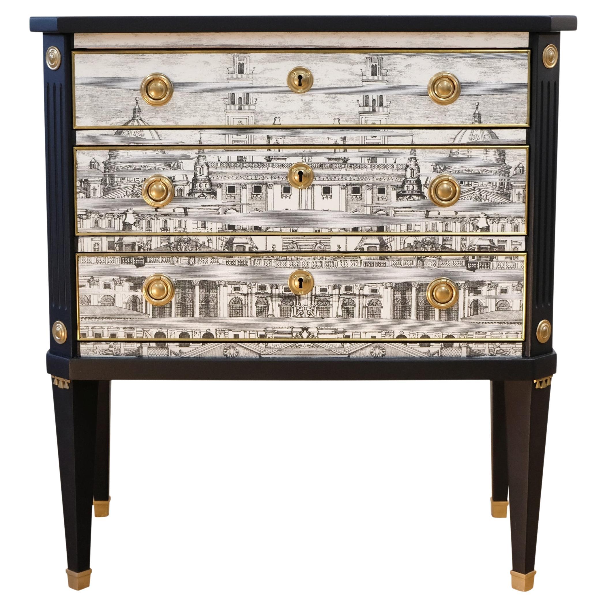 Fornasetti Design Three Drawer Chest with Marble Top For Sale
