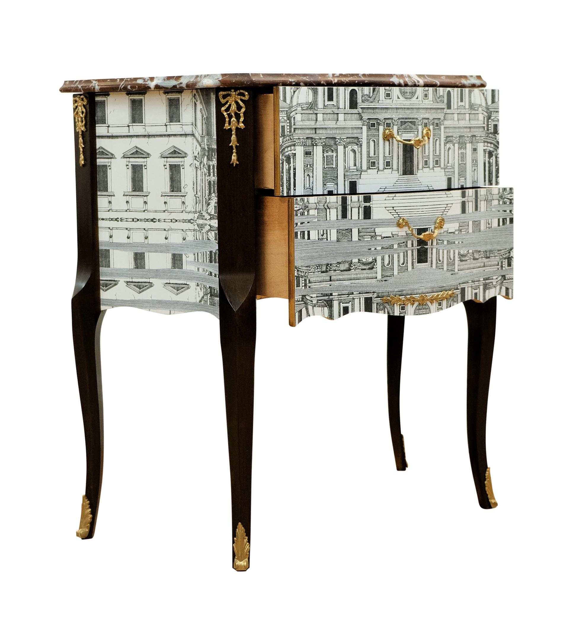 Gustavian Fornasetti Design Two Drawer Chest with Marble Top For Sale