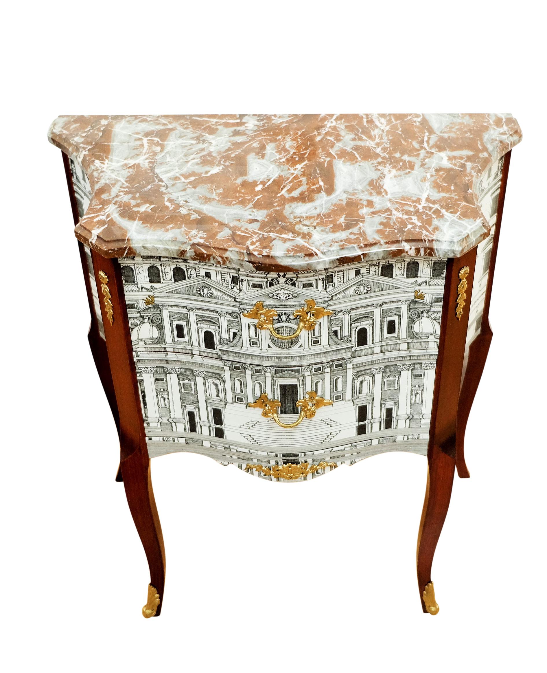 Gustavian Fornasetti Design Two Drawer Chest with Marble Top For Sale