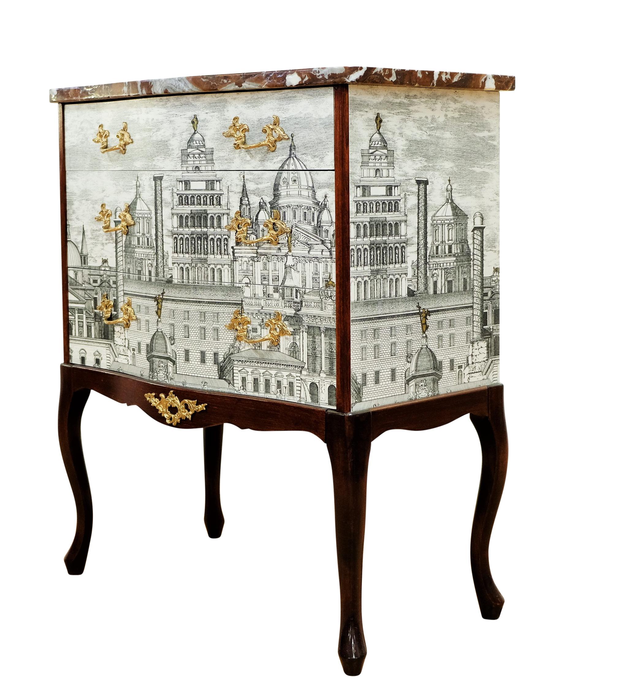 Gustavian Fornasetti Design Two Drawer Chest with Marble Top