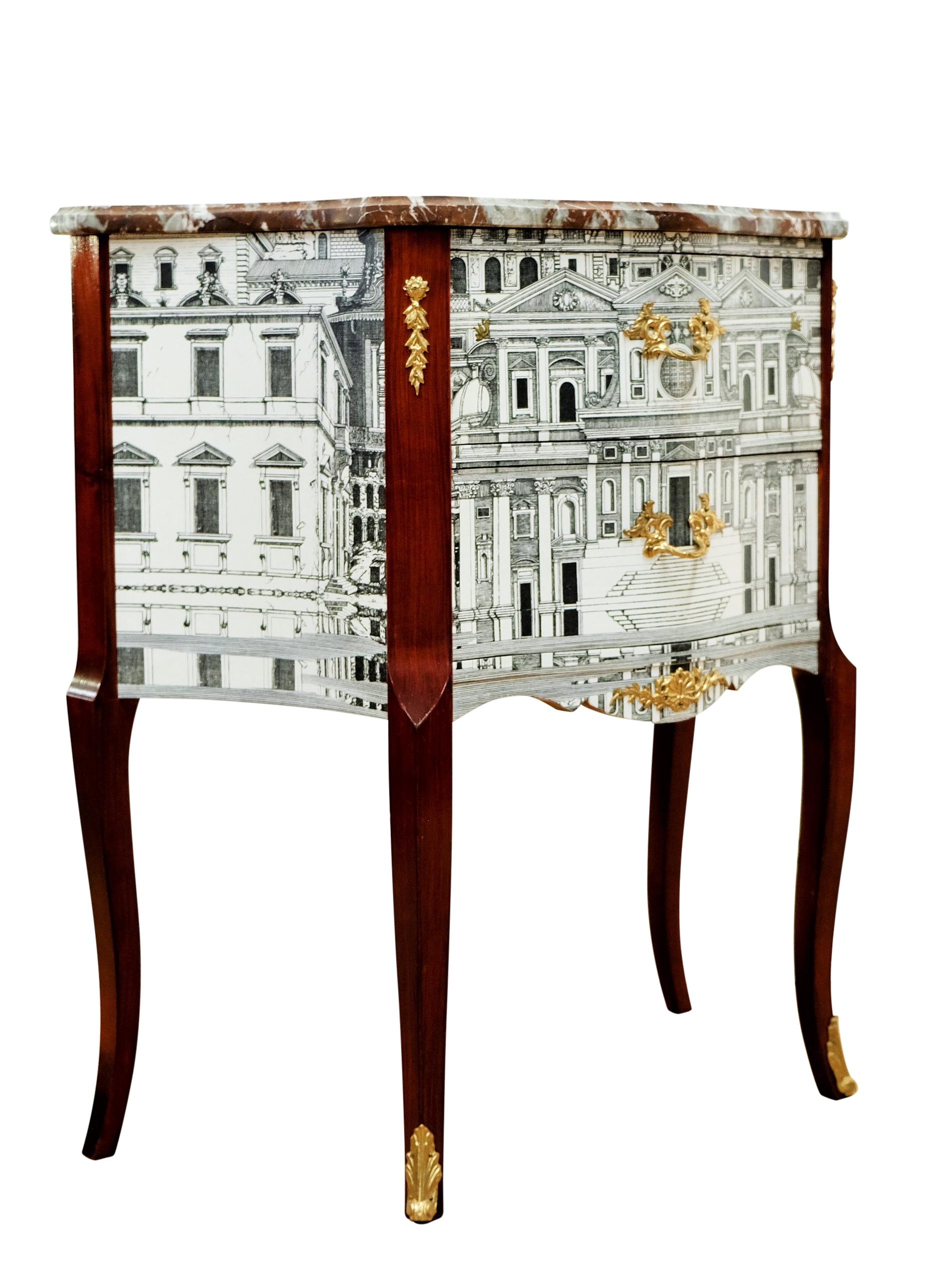 European Fornasetti Design Two Drawer Chest with Marble Top For Sale