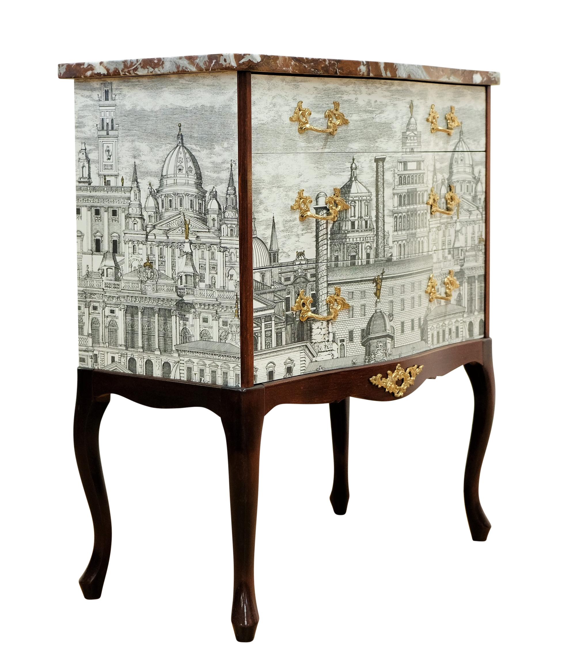 European Fornasetti Design Two Drawer Chest with Marble Top