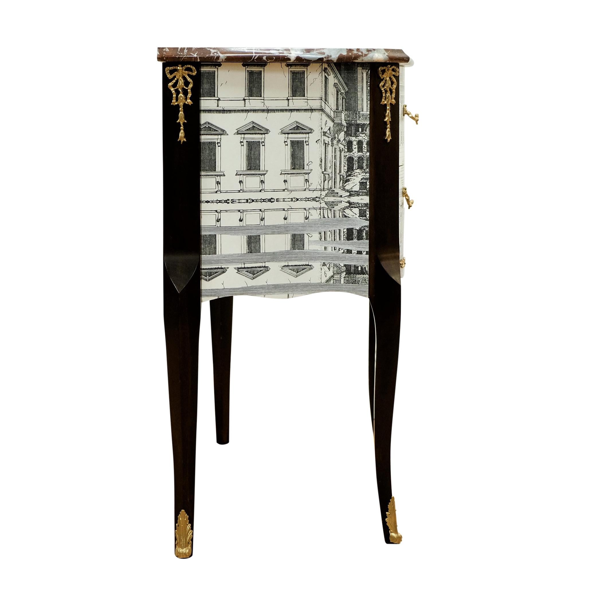 Mid-20th Century Fornasetti Design Two Drawer Chest with Marble Top For Sale