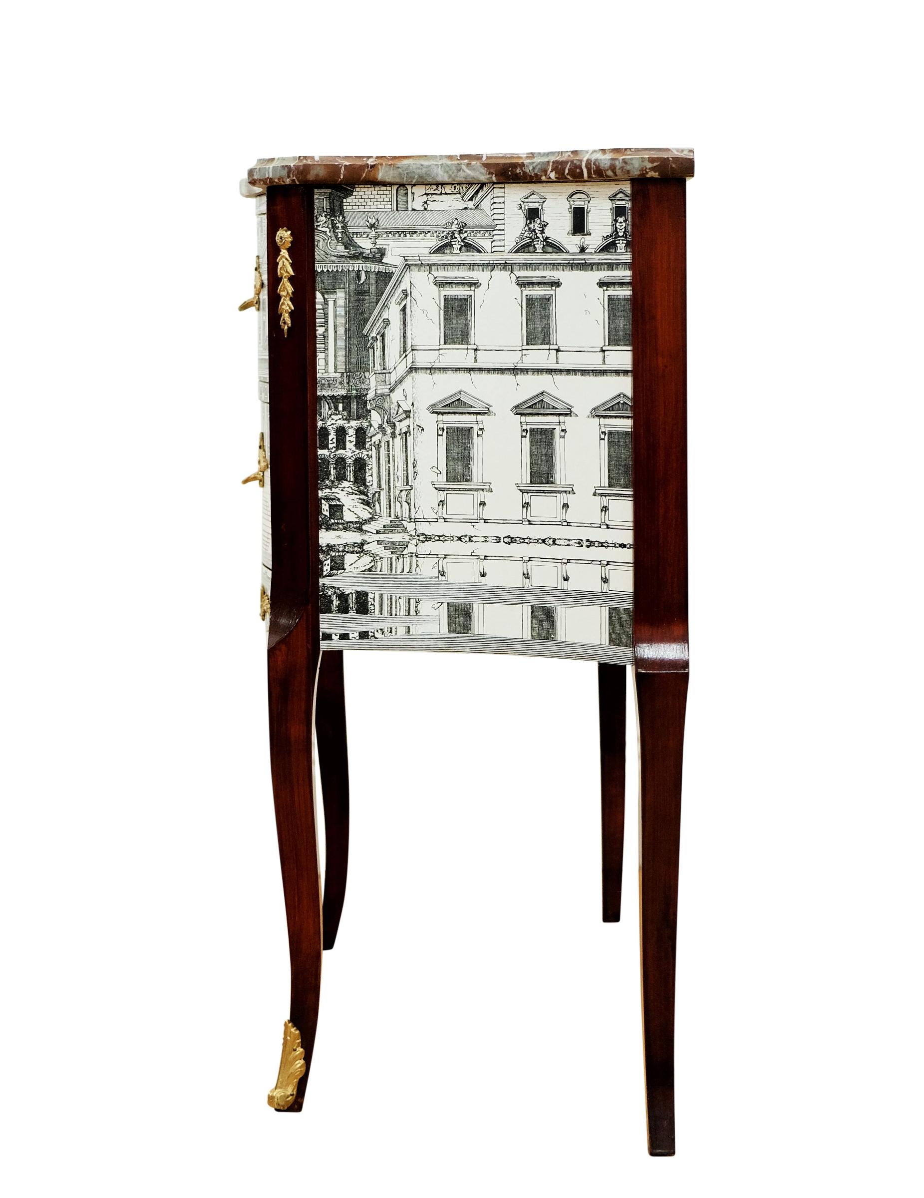 Wood Fornasetti Design Two Drawer Chest with Marble Top For Sale