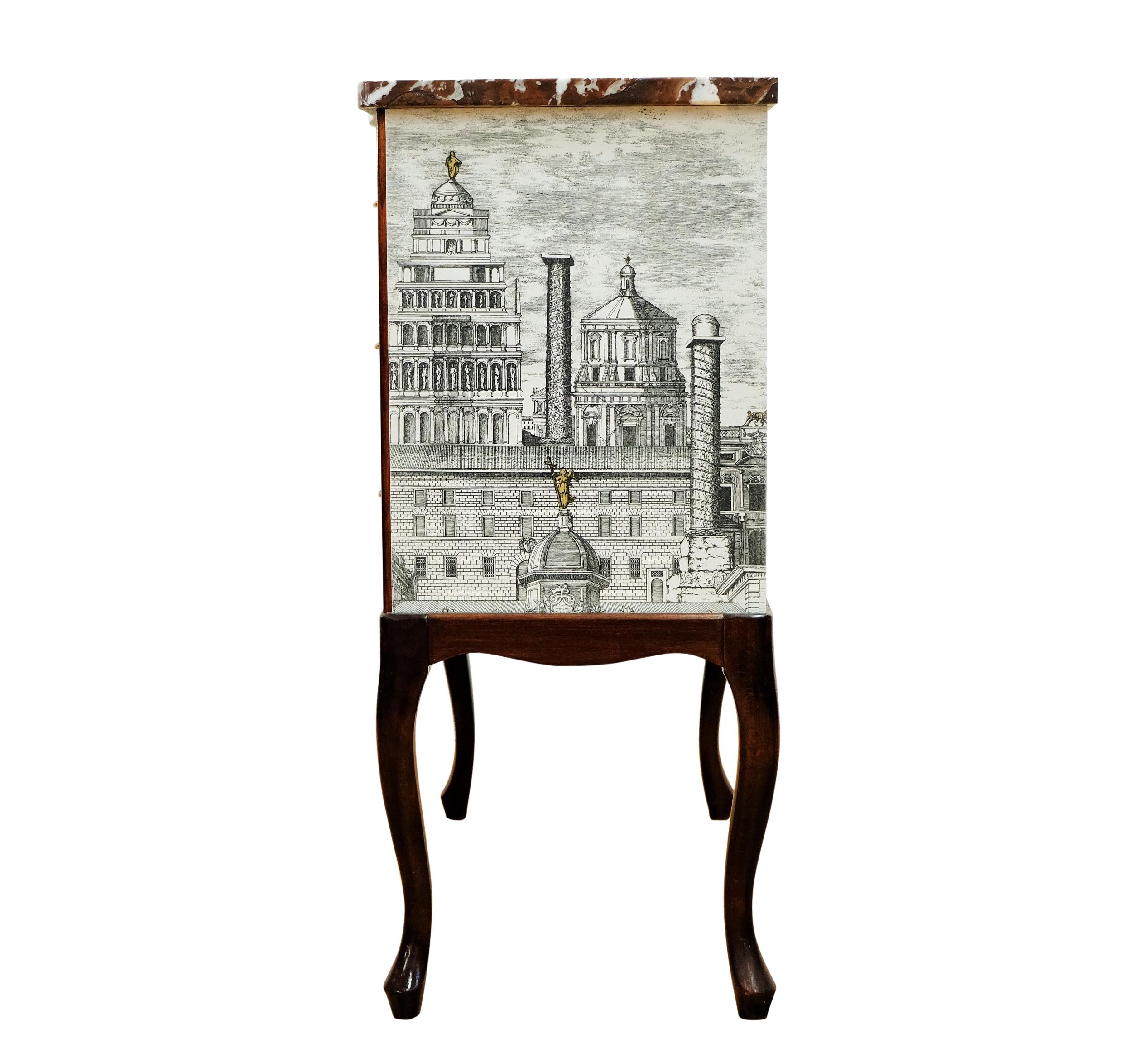Wood Fornasetti Design Two Drawer Chest with Marble Top