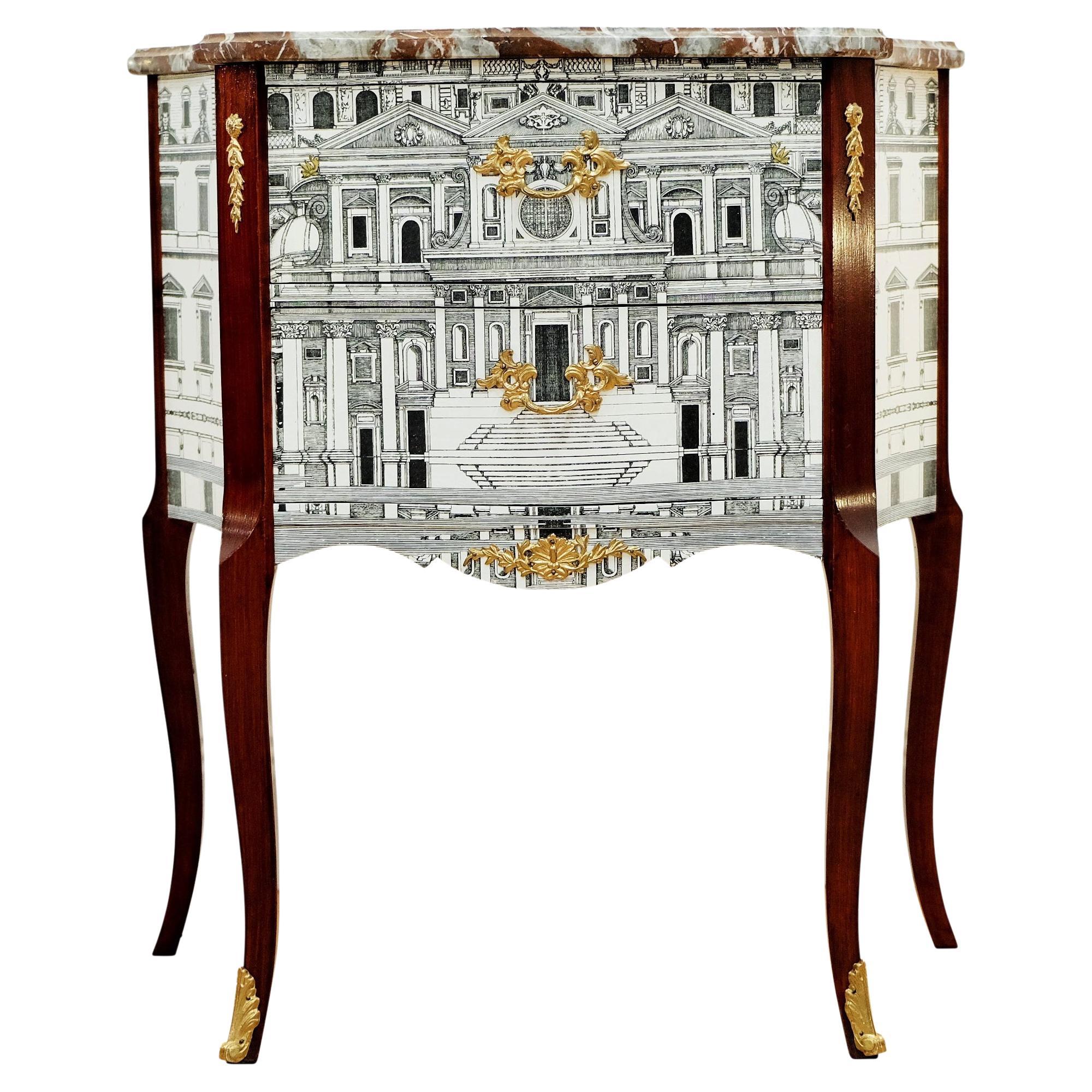 Fornasetti Design Two Drawer Chest with Marble Top For Sale