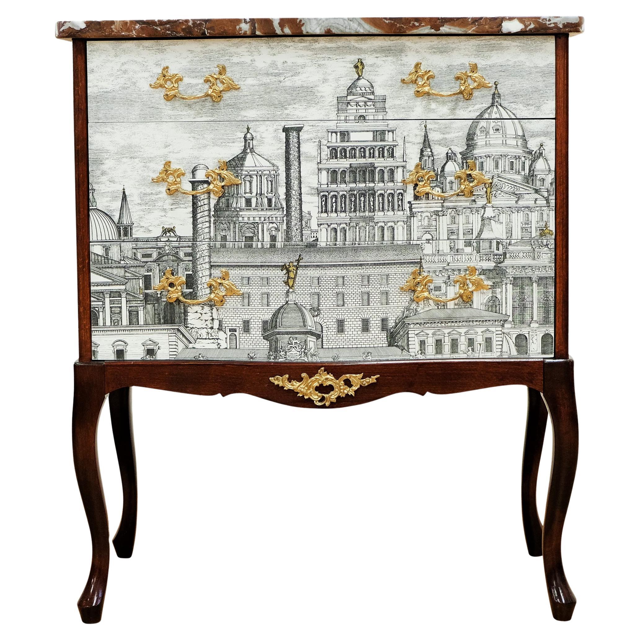 Fornasetti Design Two Drawer Chest with Marble Top