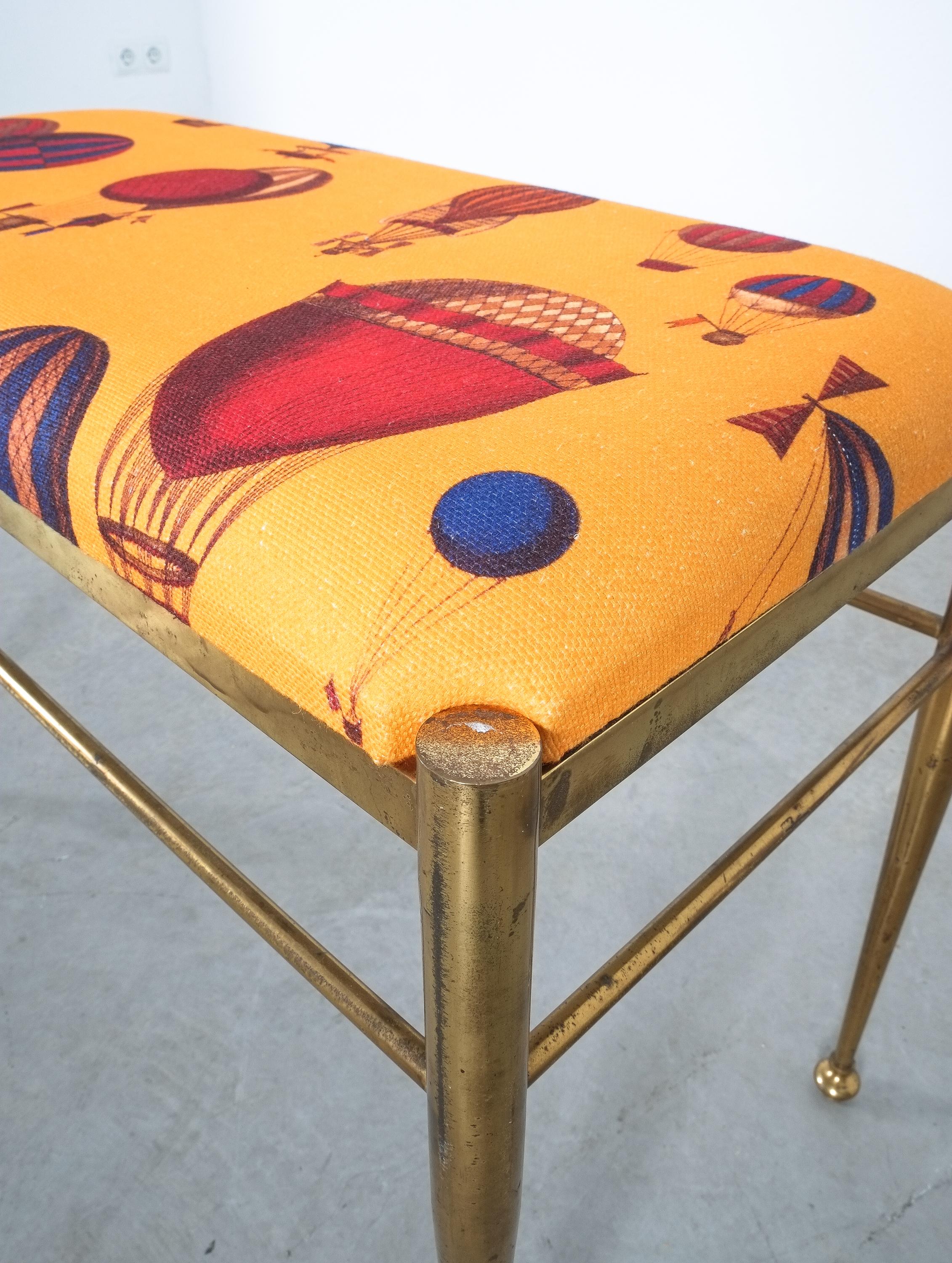 Fornasetti Fabric Brass Bench Montgolfière Balloon, Italy, 1950 In Good Condition In Vienna, AT