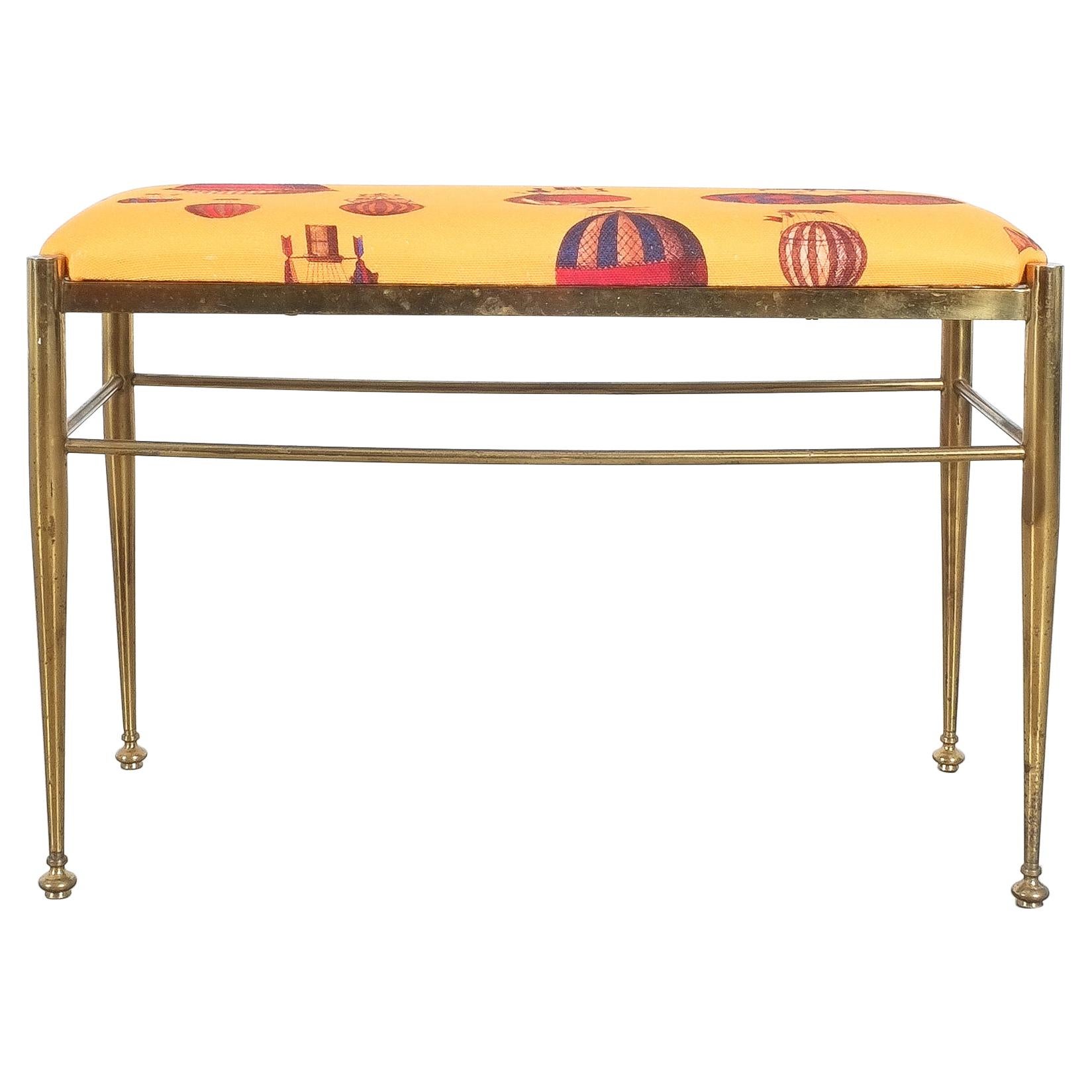 Fornasetti Fabric Brass Bench Montgolfière Balloon, Italy, 1950