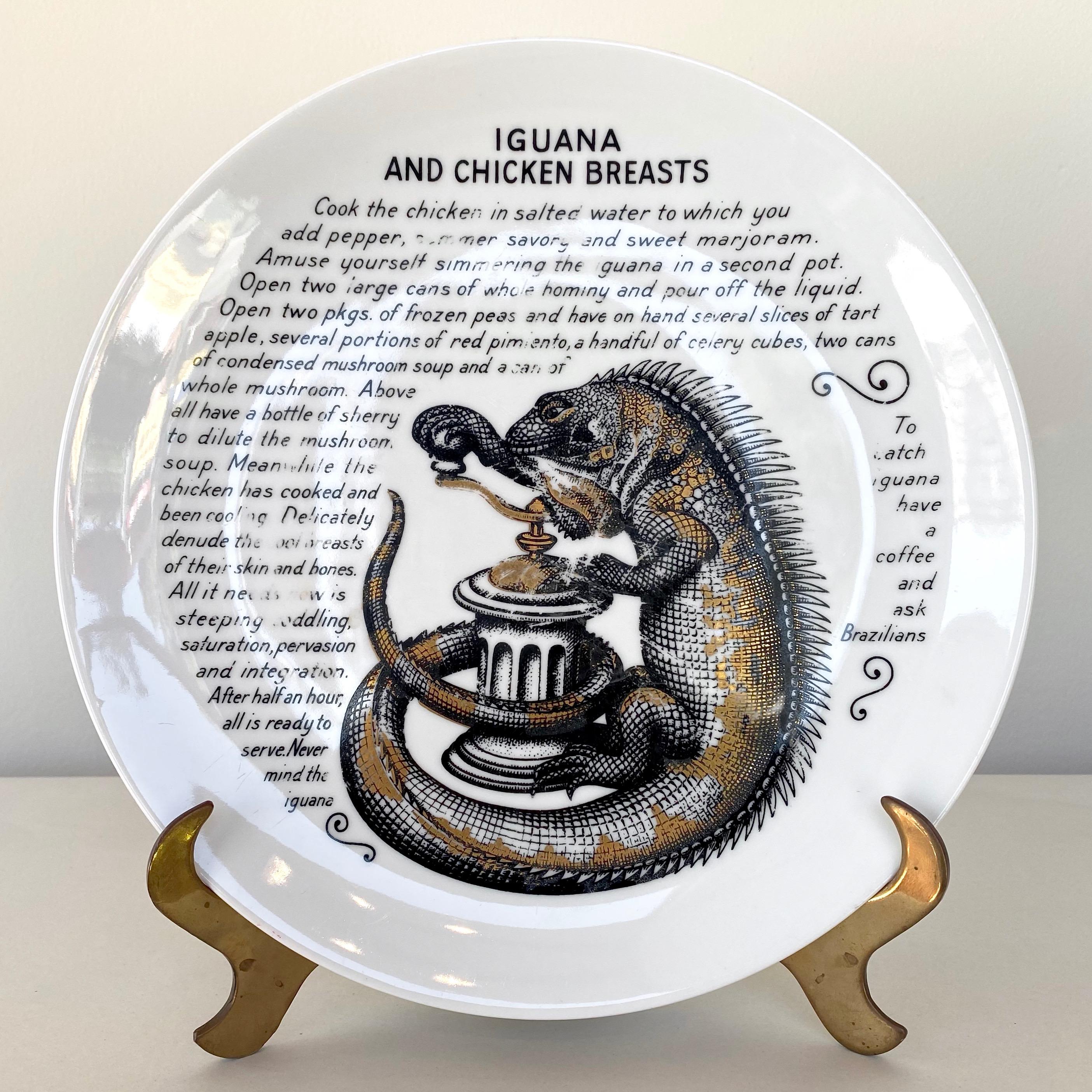 Gilt Fornasetti for Fleming Joffe “Iguana and Chicken Breasts” Recipe Plate, 1960s For Sale
