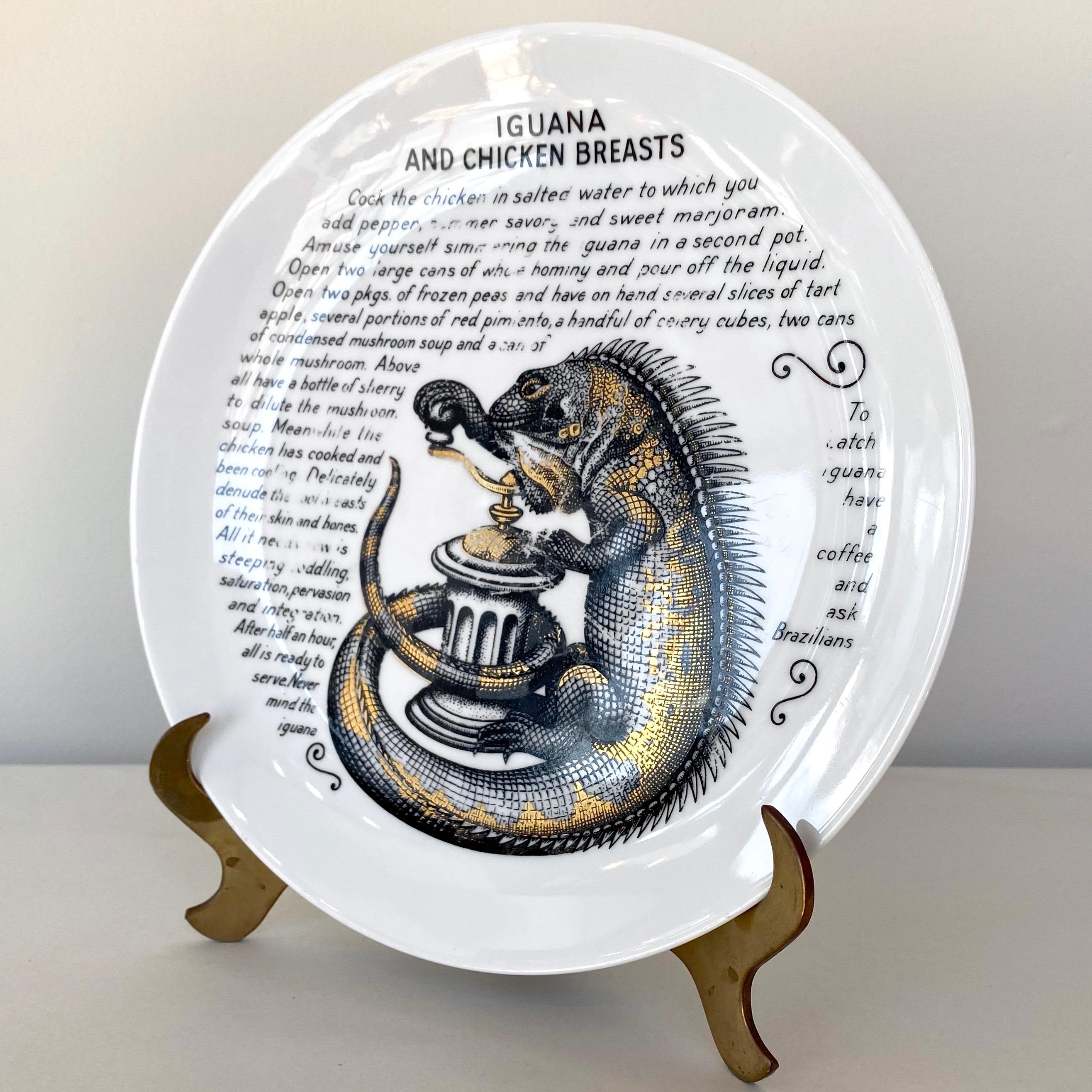 Fornasetti for Fleming Joffe “Iguana and Chicken Breasts” Recipe Plate, 1960s In Good Condition For Sale In San Francisco, CA