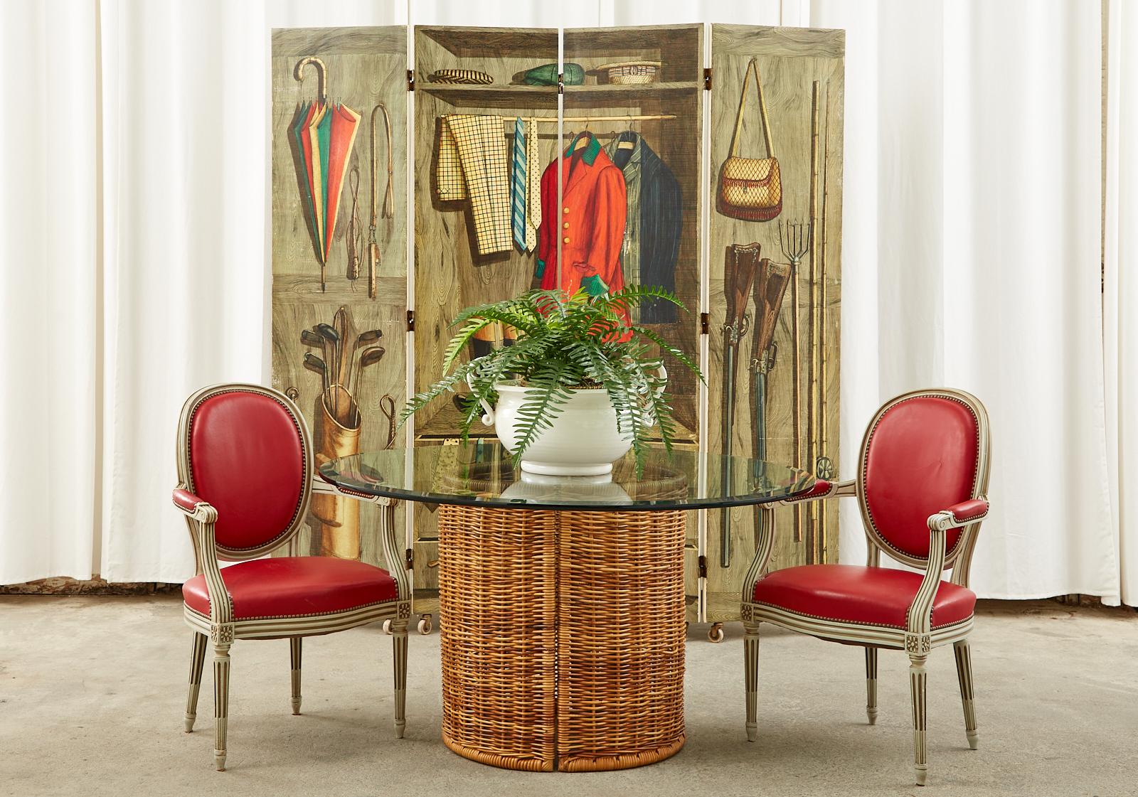 Iconic and rare Piero Fornasetti four panel screen made in Milano, Italy. Mid-century modern lithograph transfer print on painted wooden panels. Titled Armadio Aperto or open cabinet and features a trompe l'oeil depiction of a wooden closet stuffed