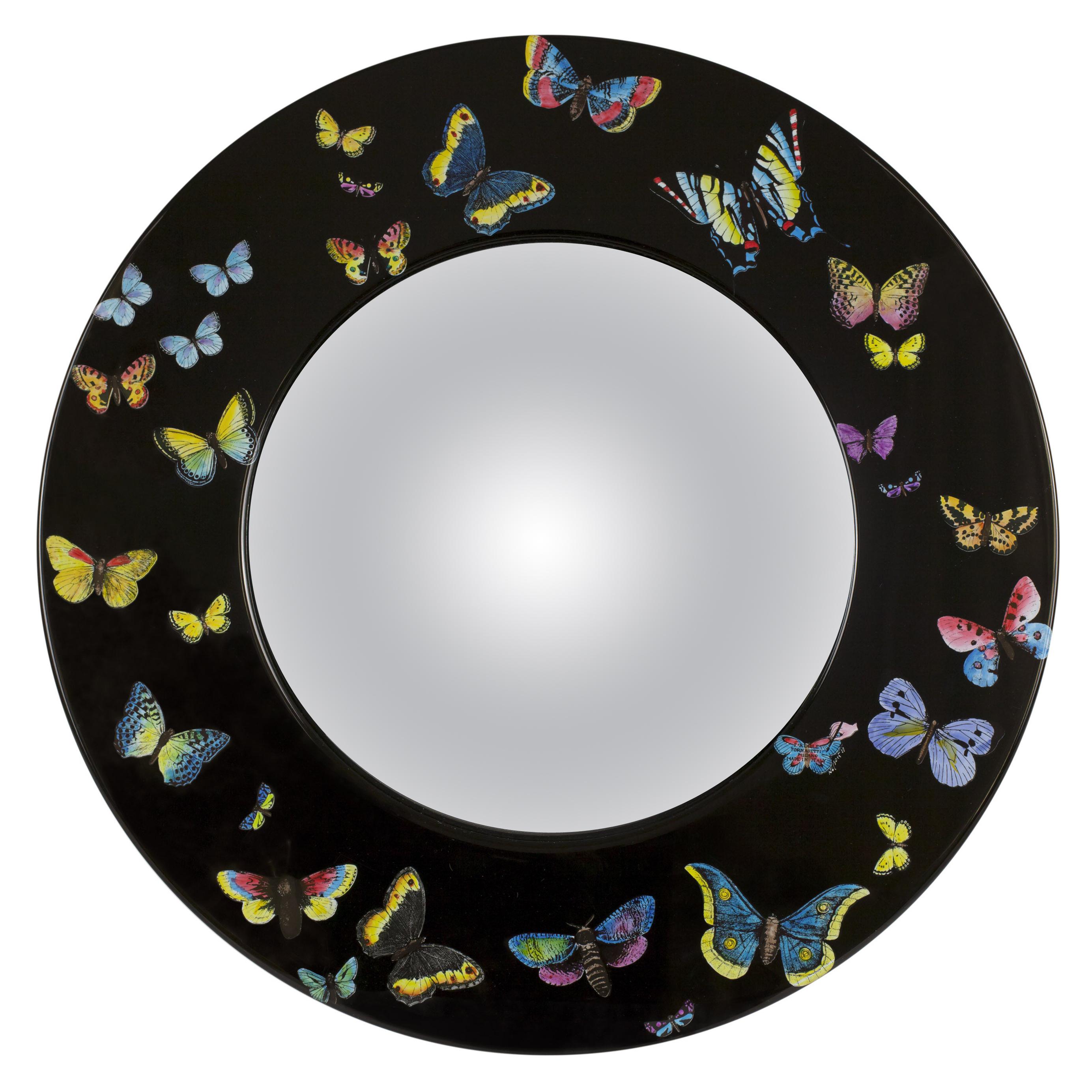 Fornasetti Frame with Convex Mirror Farfalle Butterflies Color on Black