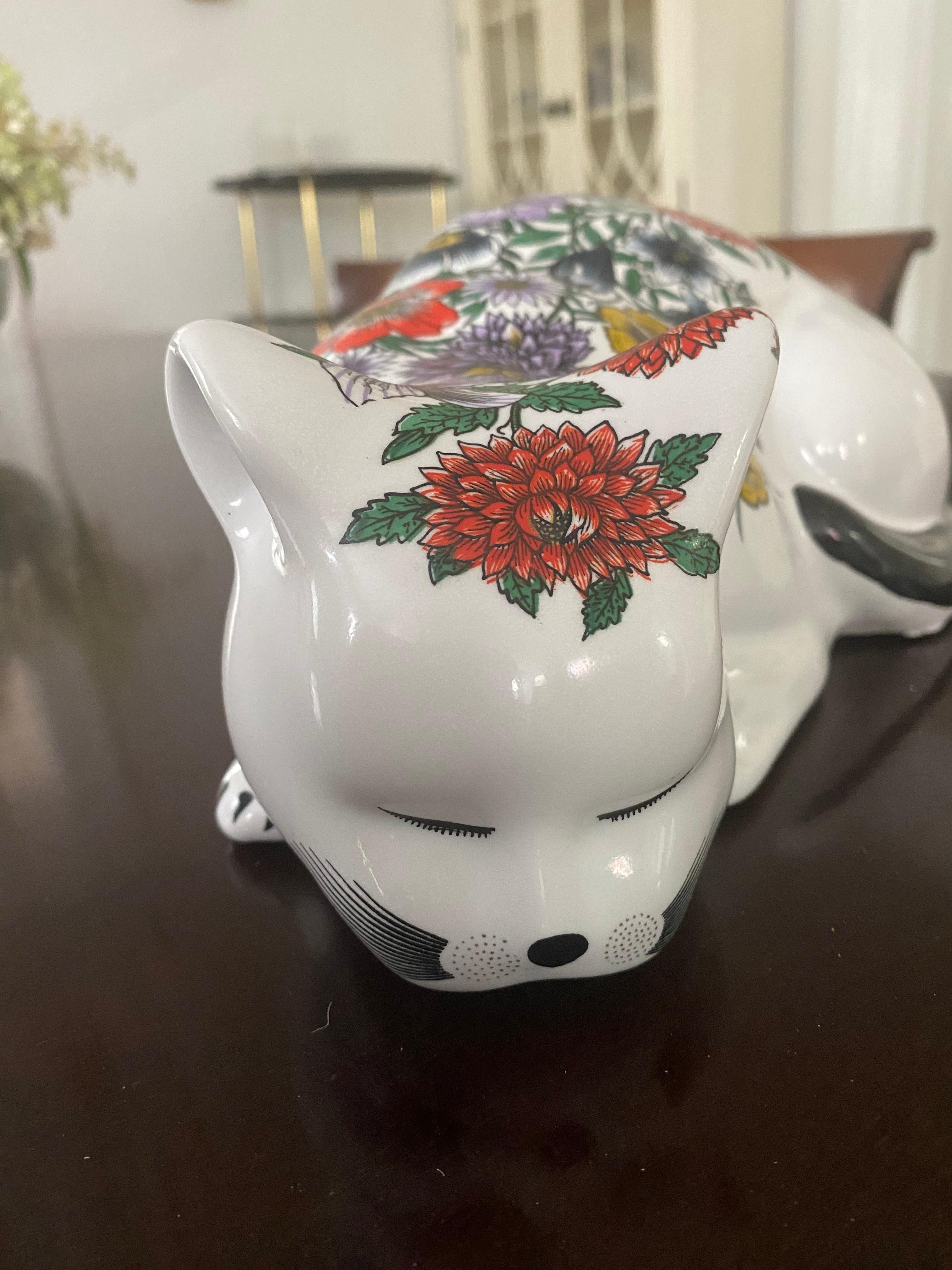 Italian Fornasetti mid century floral decorated sleeping cat Italy signed mid century