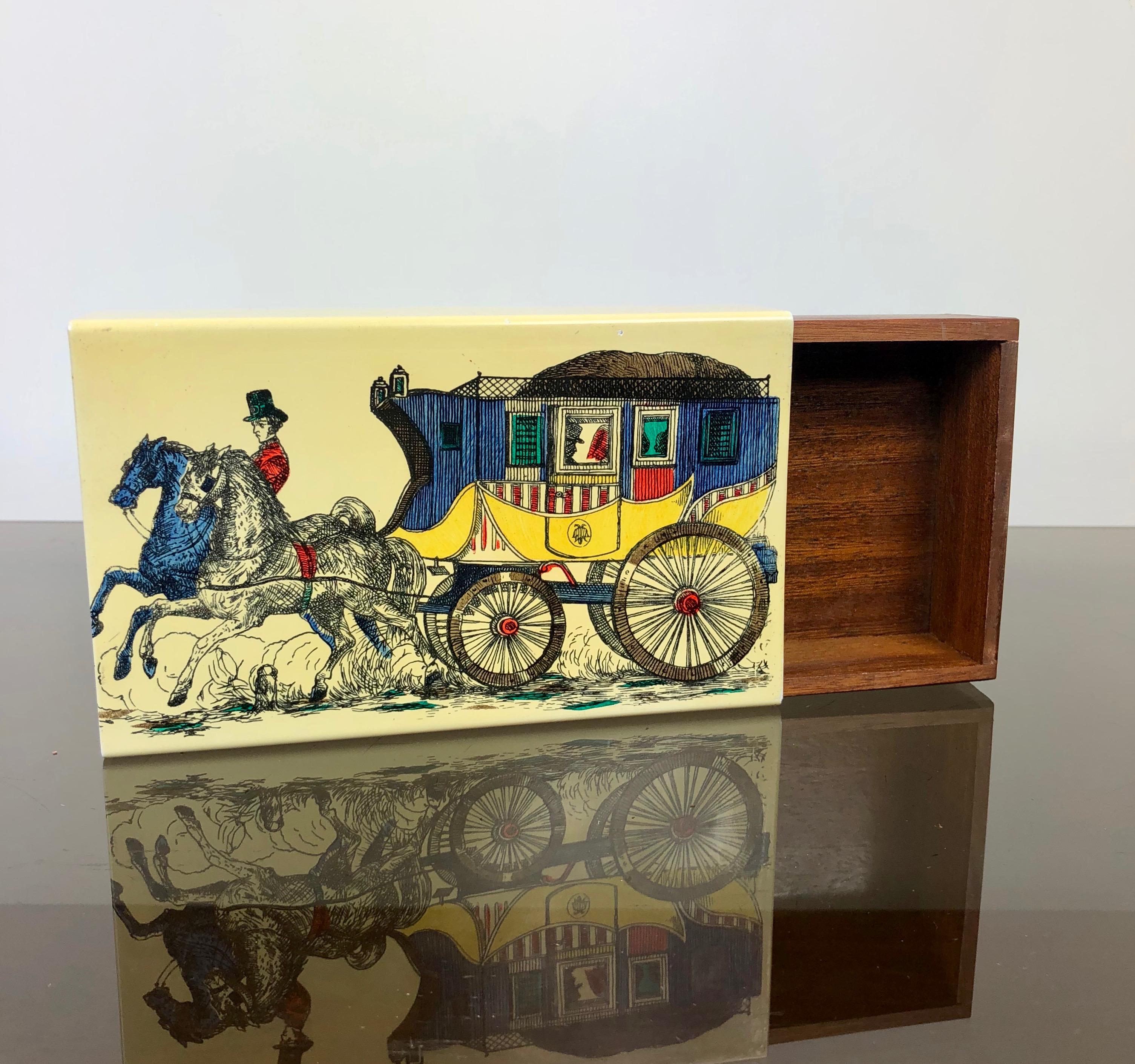 Italian Fornasetti Mid-Century Modern Card Box, 1950s, Metal and Wood, Italy For Sale