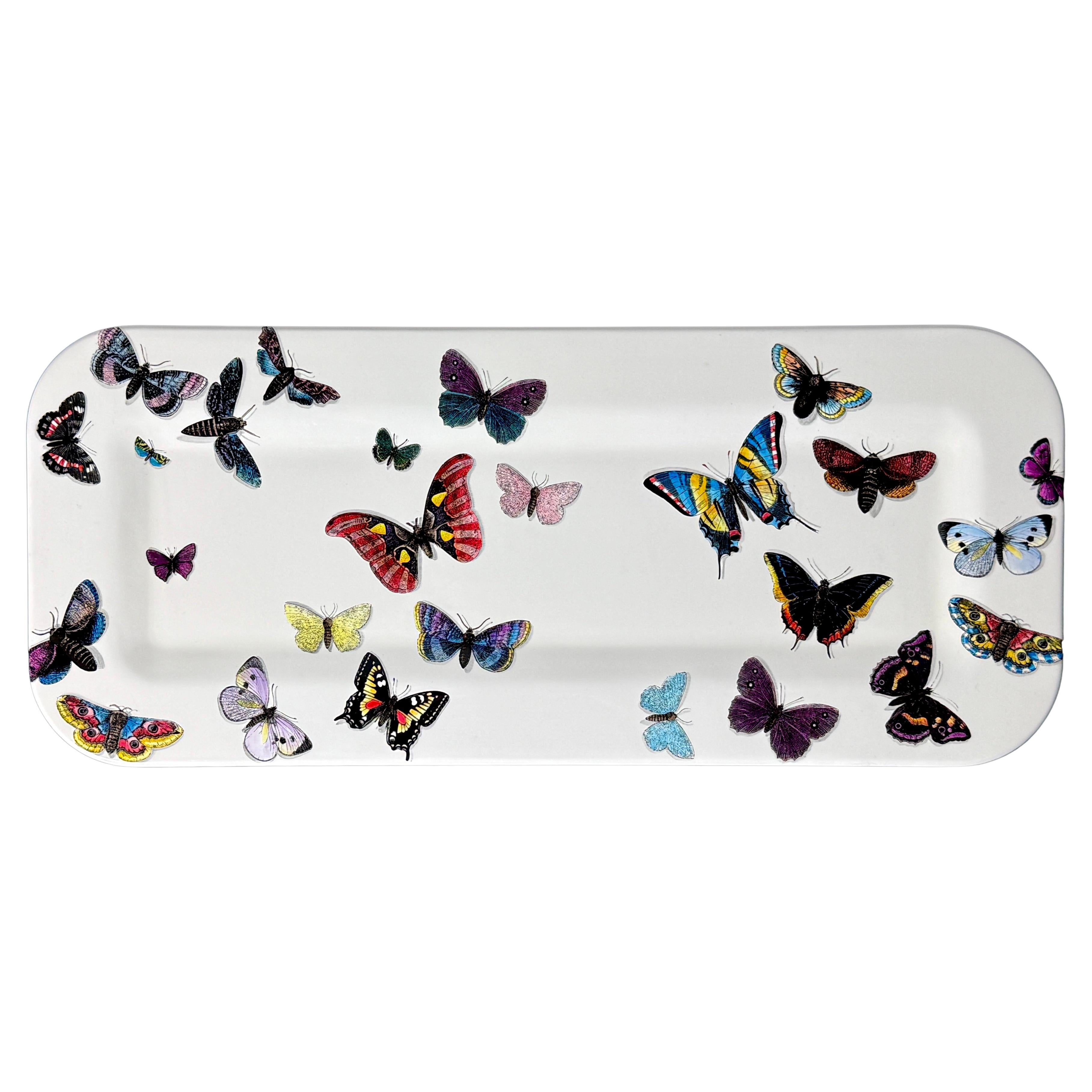 Fornasetti Milano Farfalle White Multicolor Butterfly Tray Lacquered Wood Italy