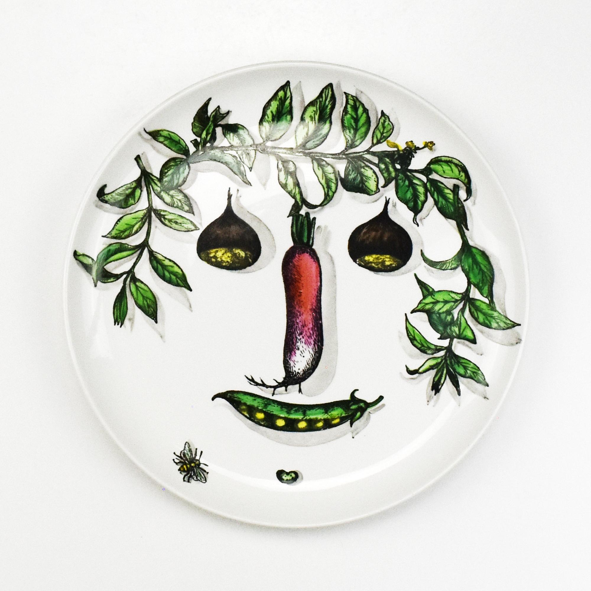 Italian Fornasetti Milano Set of 4 Porcelain Plates Archimboldesca Series Vegetable Head For Sale