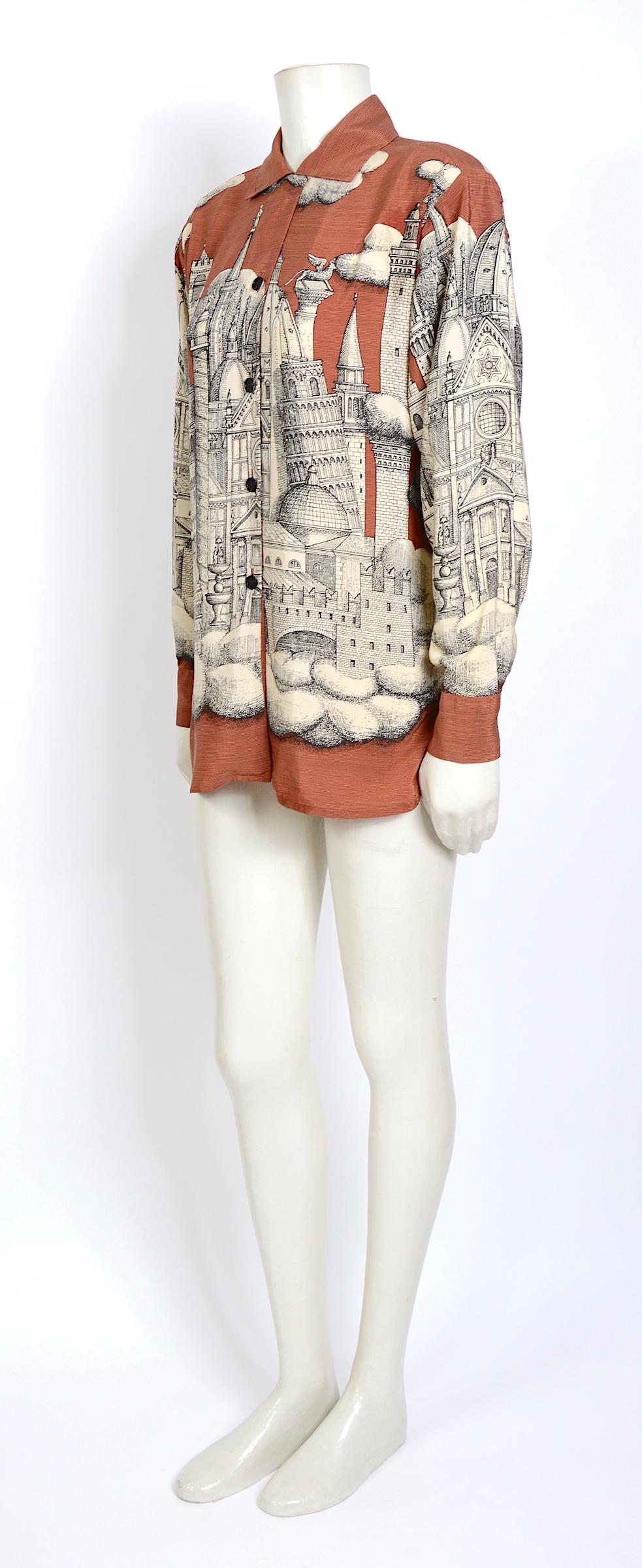 Fornasetti Milano vintage signed print 100% silk blouse In Excellent Condition In Antwerp, BE
