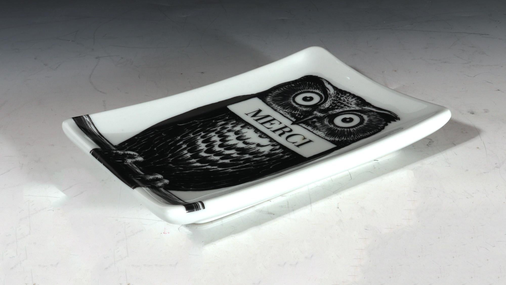 Porcelain Fornasetti Owl Small Ceramic Tray, with Original Box, Atelier Fornasetti