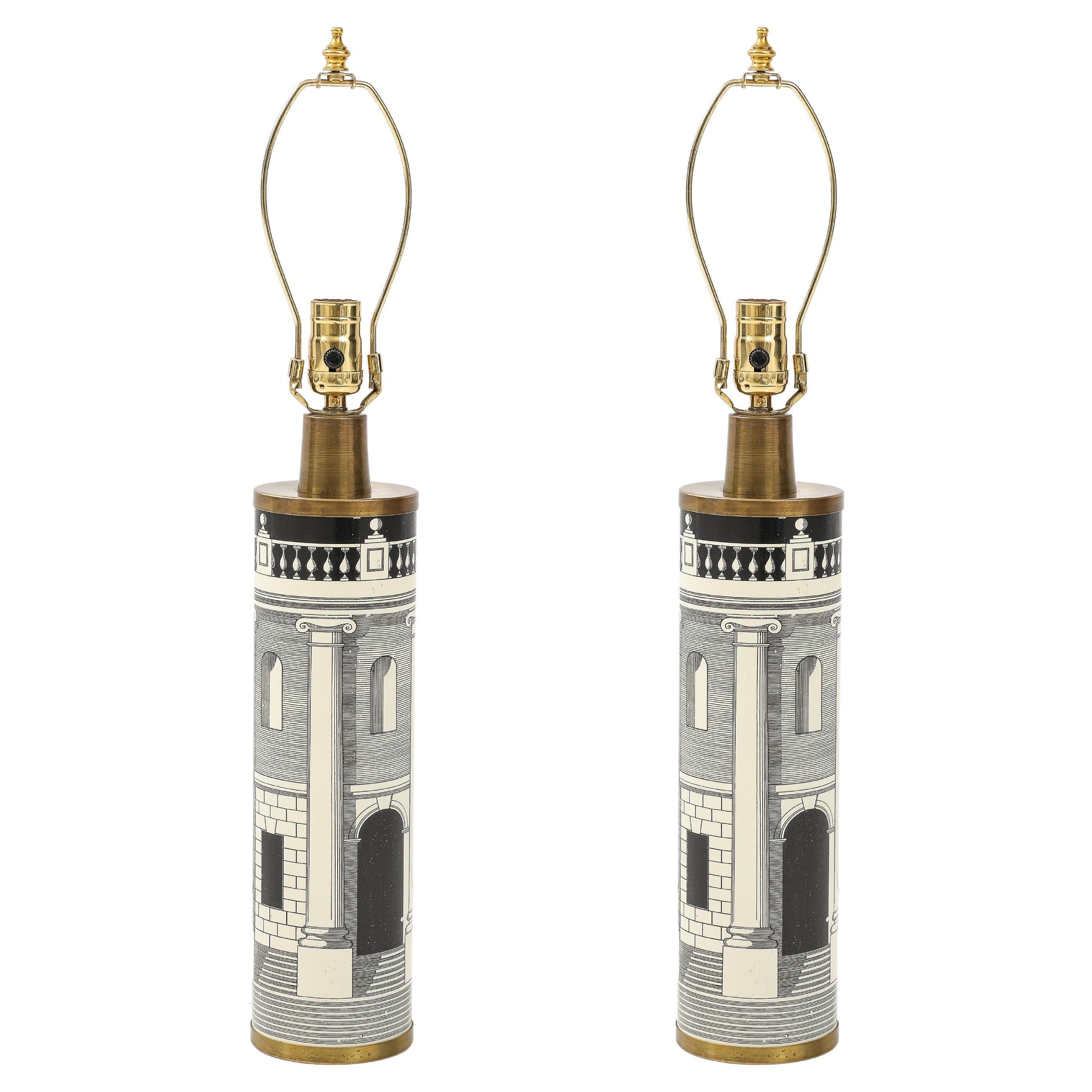 Fornasetti Pair architectural lamps For Sale