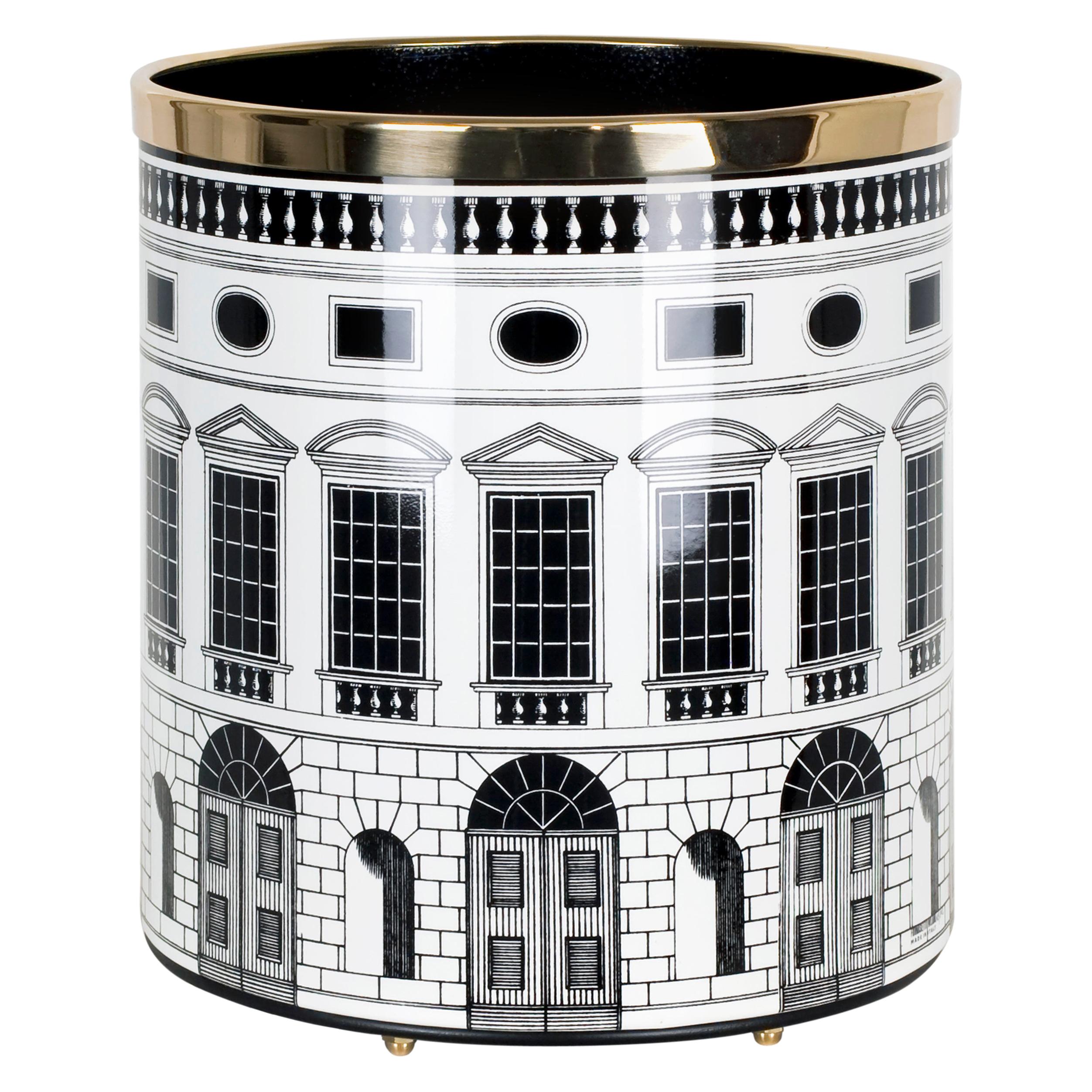 Fornasetti Paper Basket Architettura Black and White Handcrafted Metal Brass