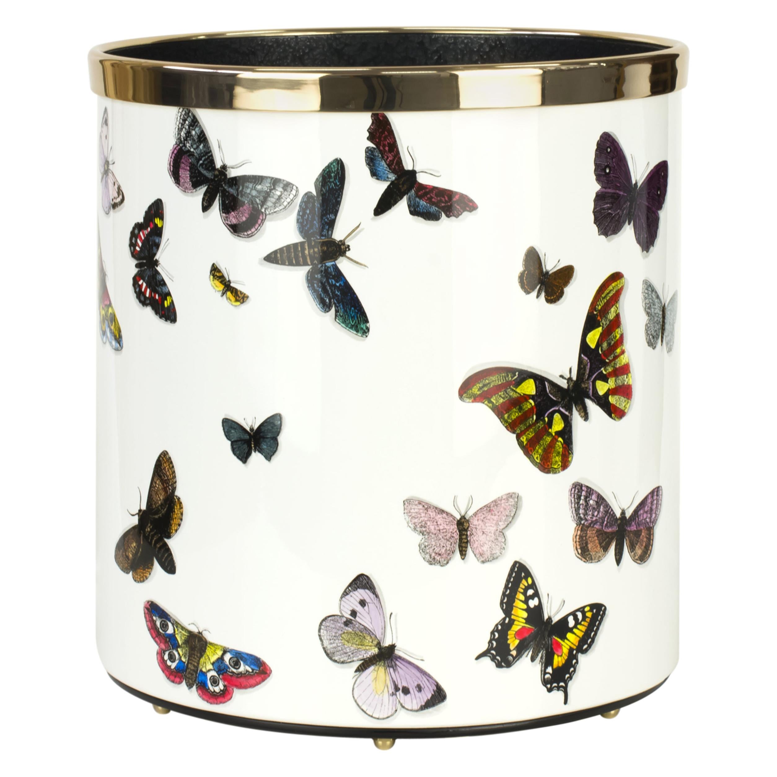 Fornasetti Paper Basket Farfalle Butterflies Hand Colored on White Metal Brass
