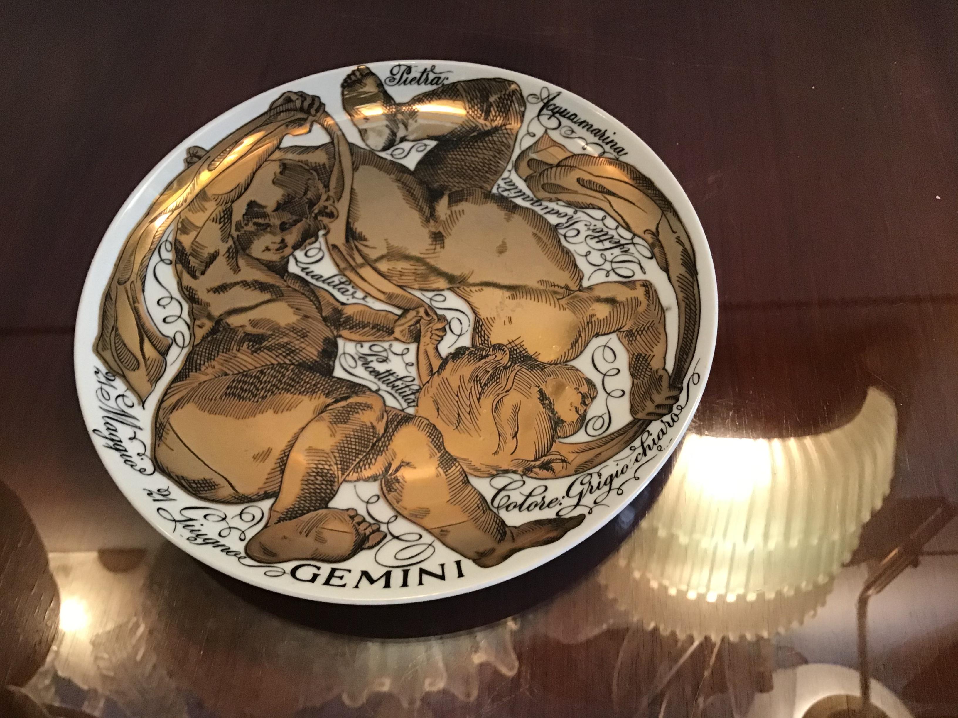 Fornasetti Plate Gemini Zodiac Porcelain, 1973, Italy In Excellent Condition In Milano, IT