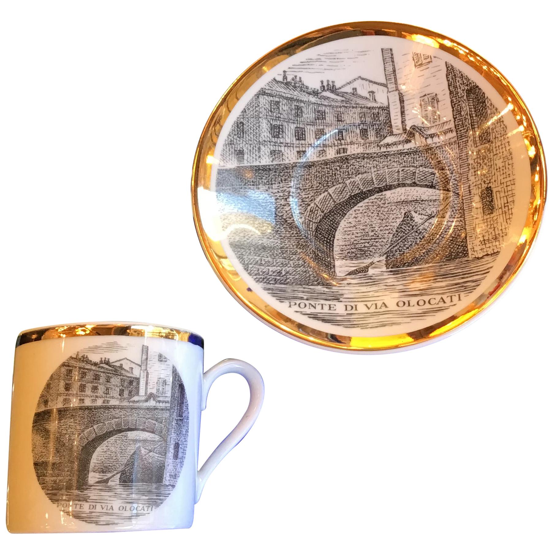 Fornasetti Porcelain Coffee Cup 1950 “Ponte Di Via Olona” Milano For Sale