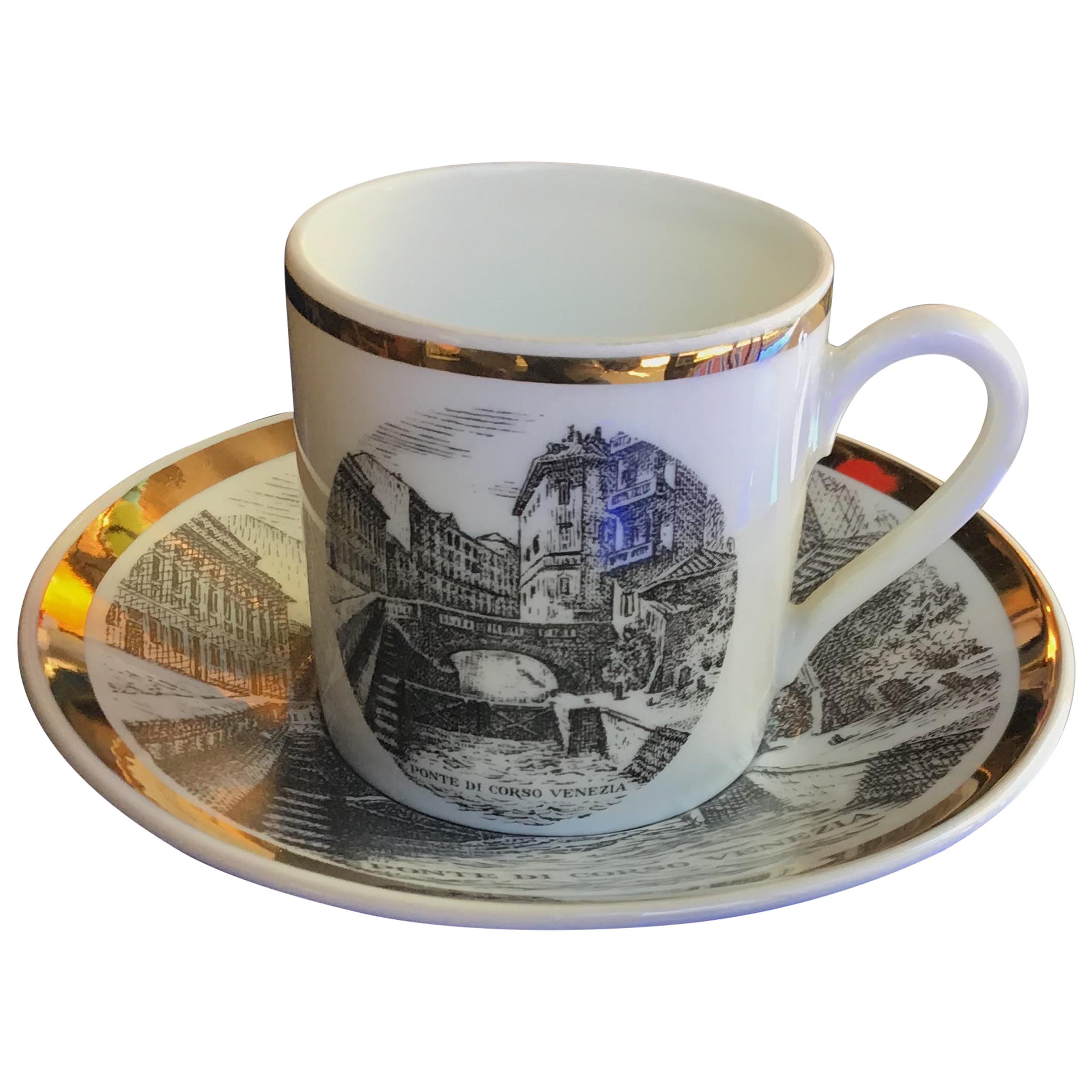 Fornasetti Porcelain Cup of Coffee Gold “Ponte Corso Venezia”, 1950 For Sale
