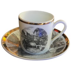 Vintage Fornasetti Porcelain Cup of Coffee Gold “Ponte Corso Venezia”, 1950