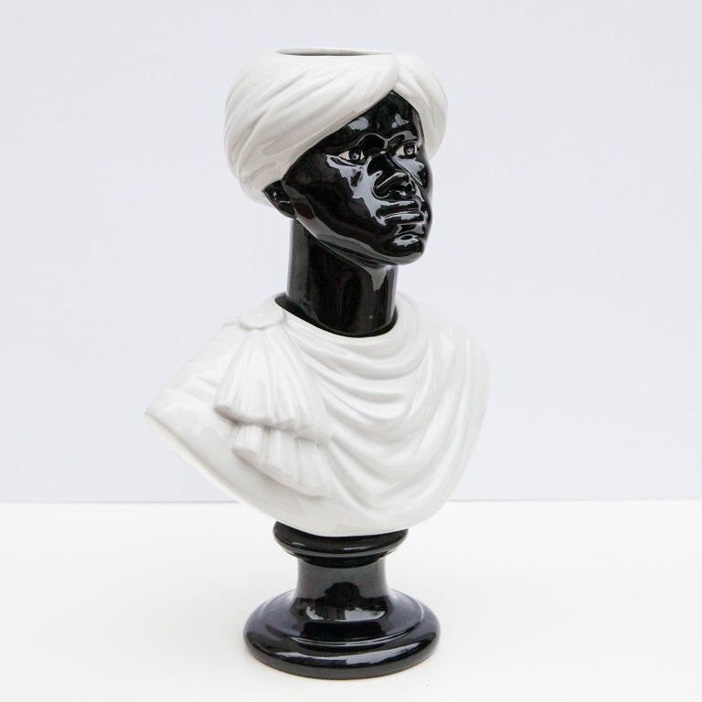 Early Vintage Piero Fornasetti flower pot in white and black cast ceramic themed “Moor’s Head”. The theme of the moor’s head takes inspiration from a sicilian fantasy story (closely linked to the South Italy History and domination by Arabs) and it