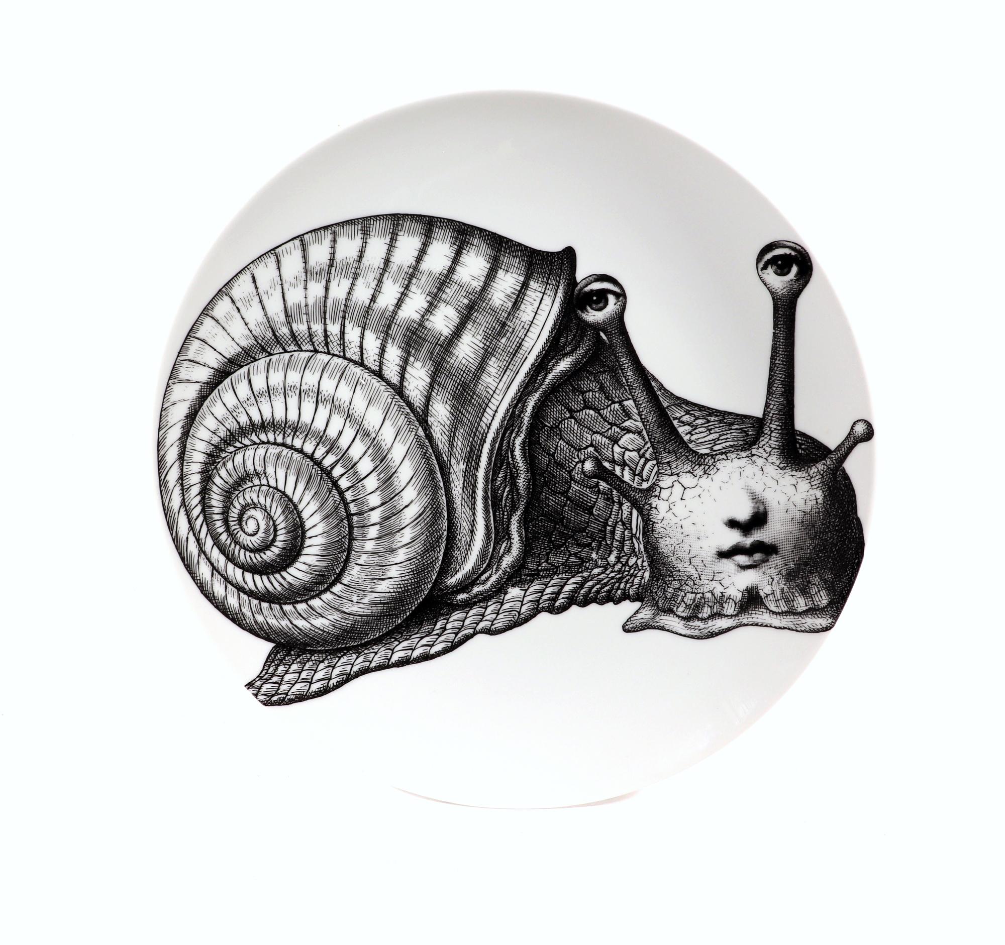 Fornasetti porcelain Surrealist Themes & Variation plate #260,
The Snail,
Atelier Fornasetti

The Fornasetti porcelain plate in the Themes & Variation pattern depicts a surreal depiction of a snail with the face of Lina Cavalieri, Piero Fornasetti's