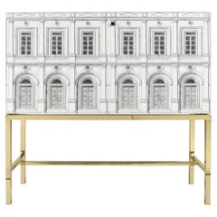 Fornasetti Raised Sideboard Cabinet Architettura Black and White Brass Base