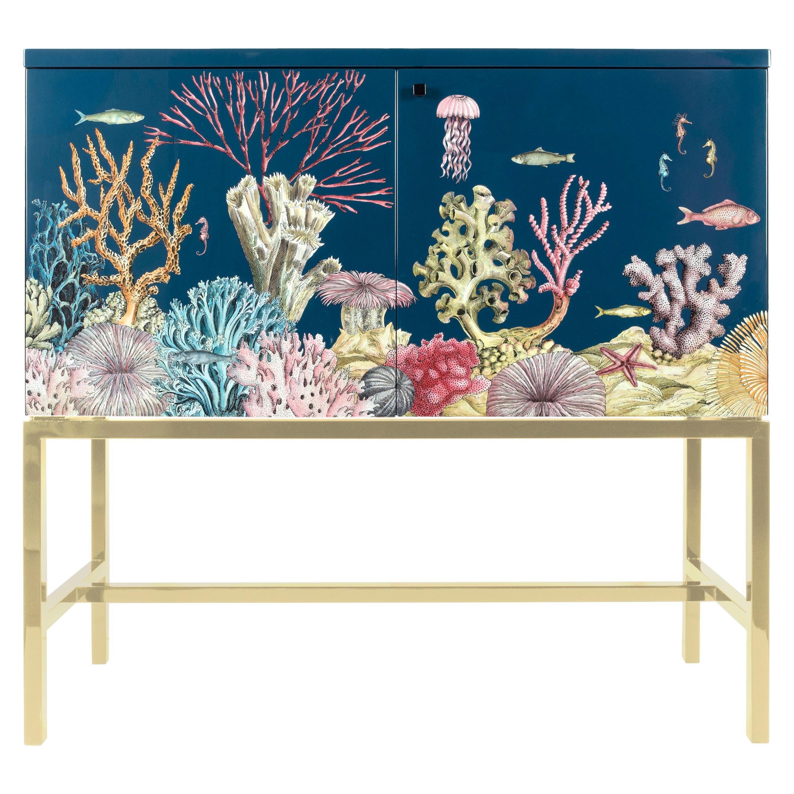 Fornasetti Raised Sideboard Cabinet Fondo Marino Hand Color Brass Base